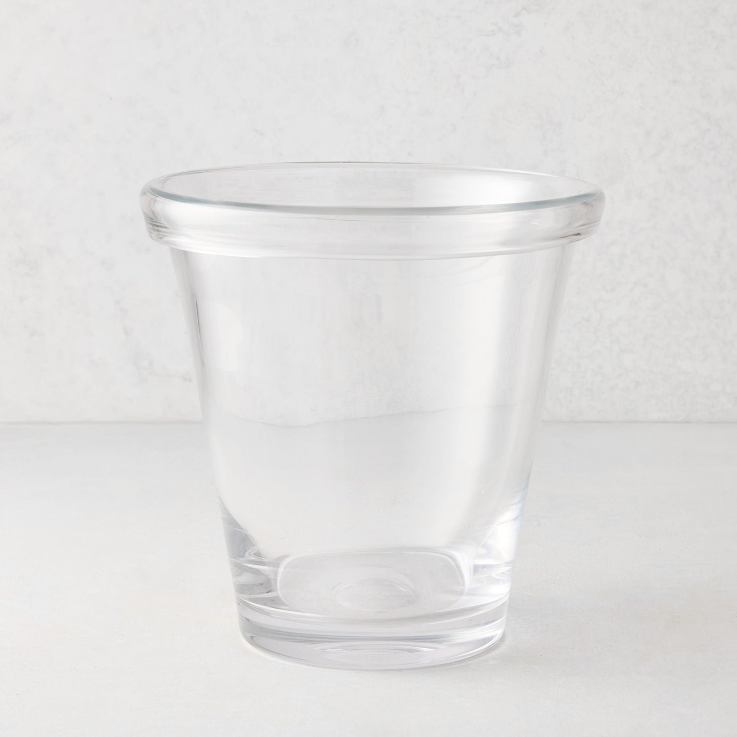 Clear glass Oxford ice bucket with a hand-molded, folded rim.