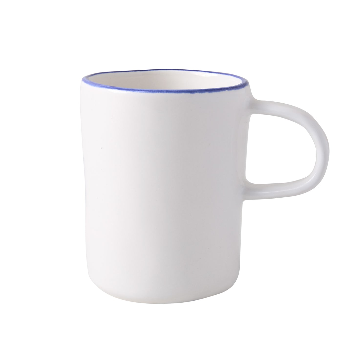 Pacific Blue-Rimmed Stoneware Mug, white with hand-painted blue edge, irregular shape.