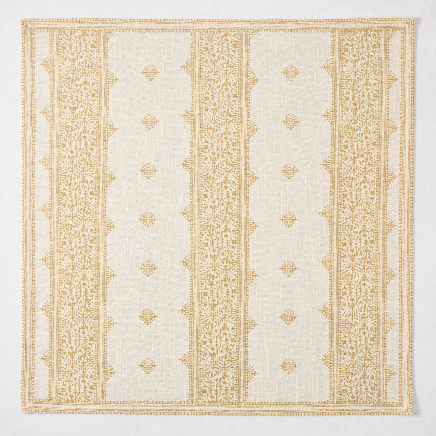 Peter Dunham + Hudson Grace Golden Yellow Fez Stripe cotton slub napkin with vintage embroidery pattern.