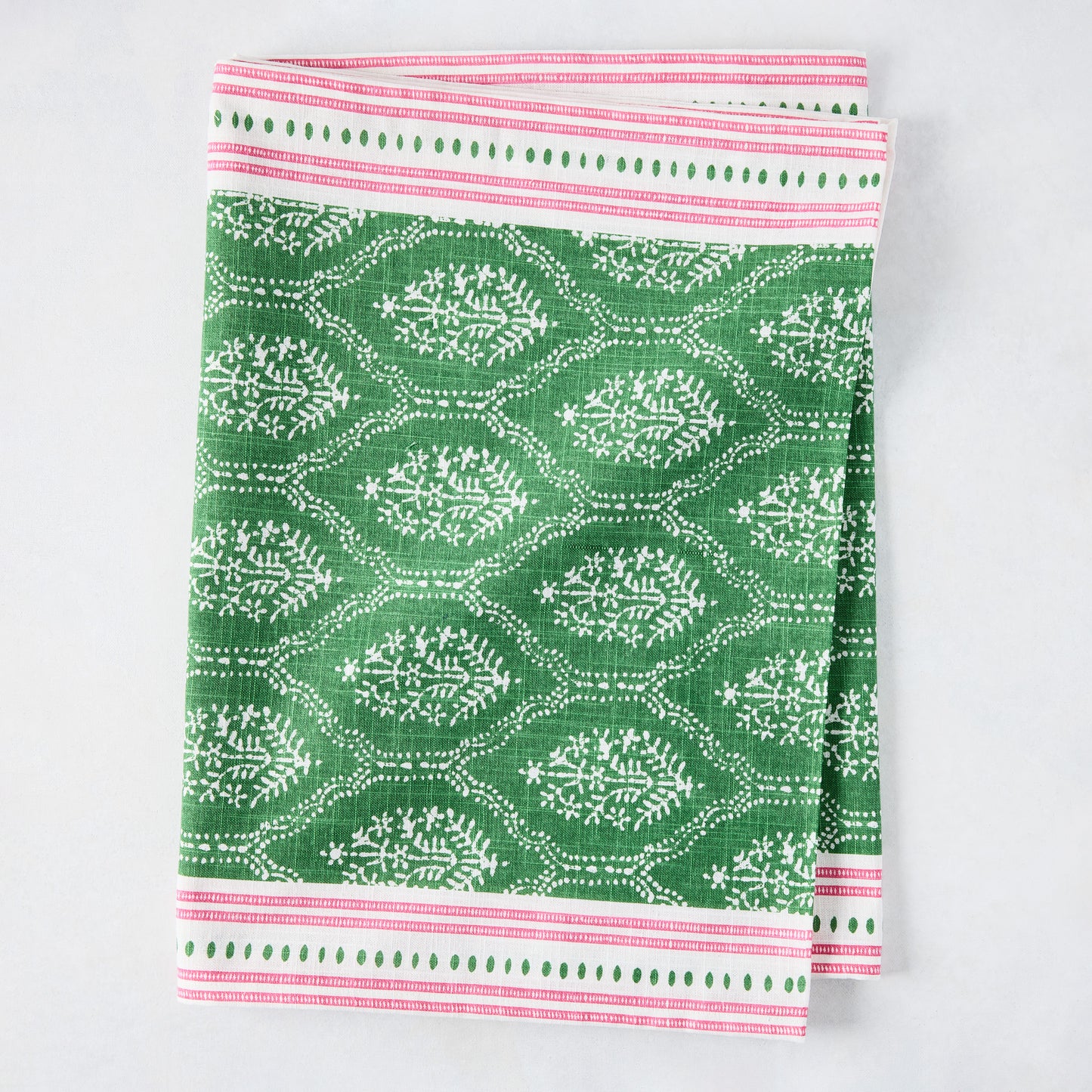 Peter Dunham + Hudson Grace Green Jaali Printed Runner, 100% cotton slub, with pink border.