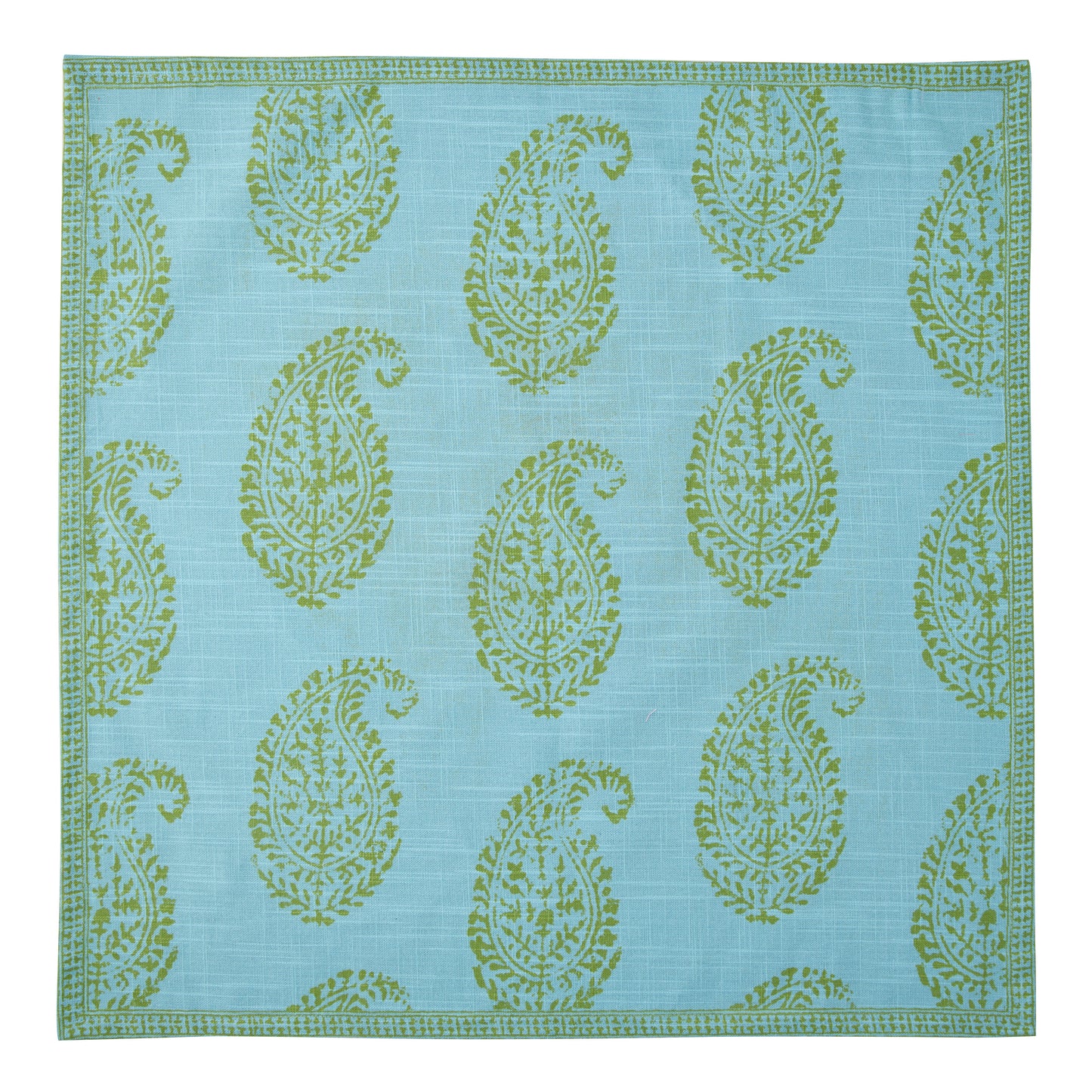 Peter Dunham + Hudson Grace Green Kashmir Paisley Printed Napkin, light blue with green paisley pattern.
