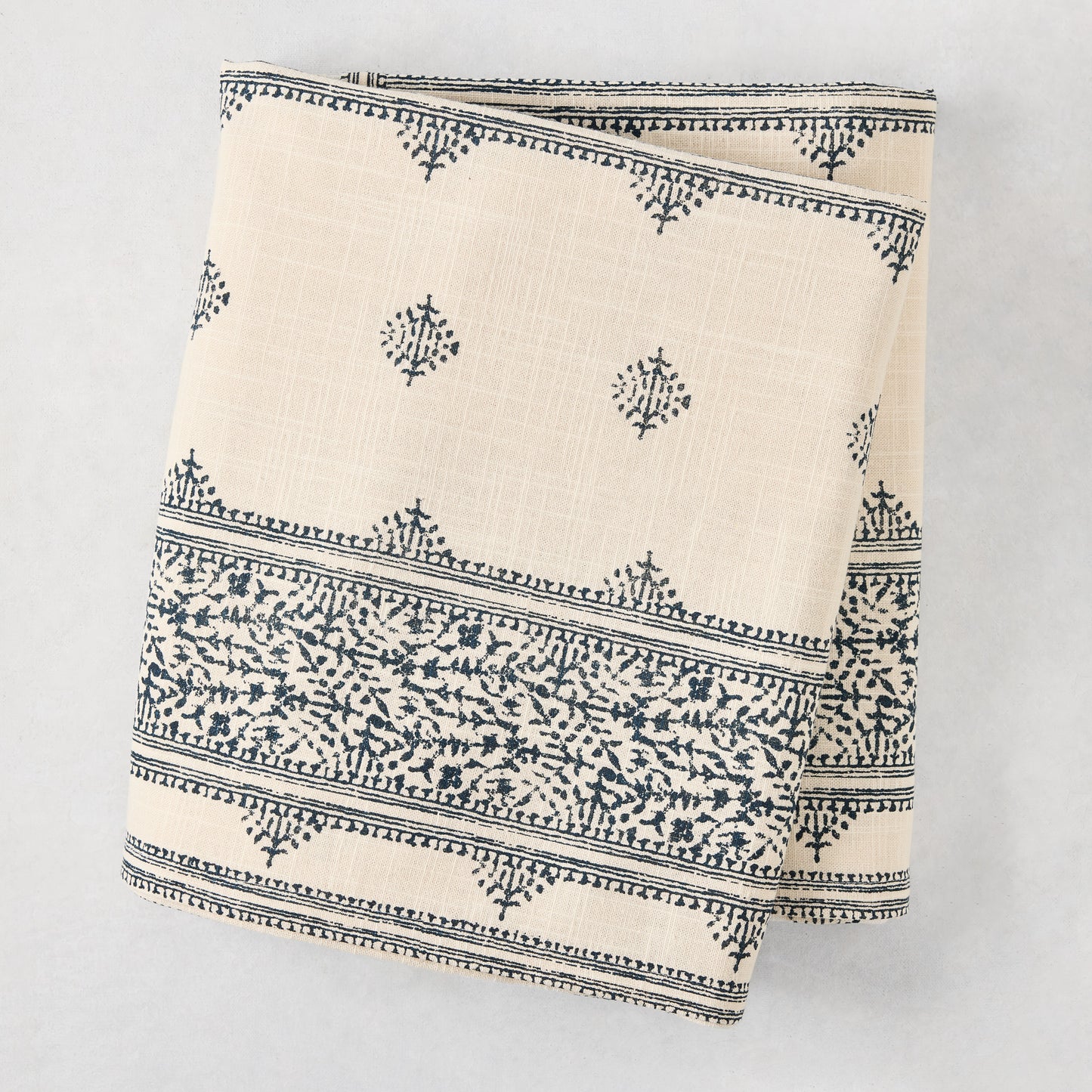 Peter Dunham + Hudson Grace Fez Stripe indigo blue printed natural cotton tablecloth, 70"W x 108"L.