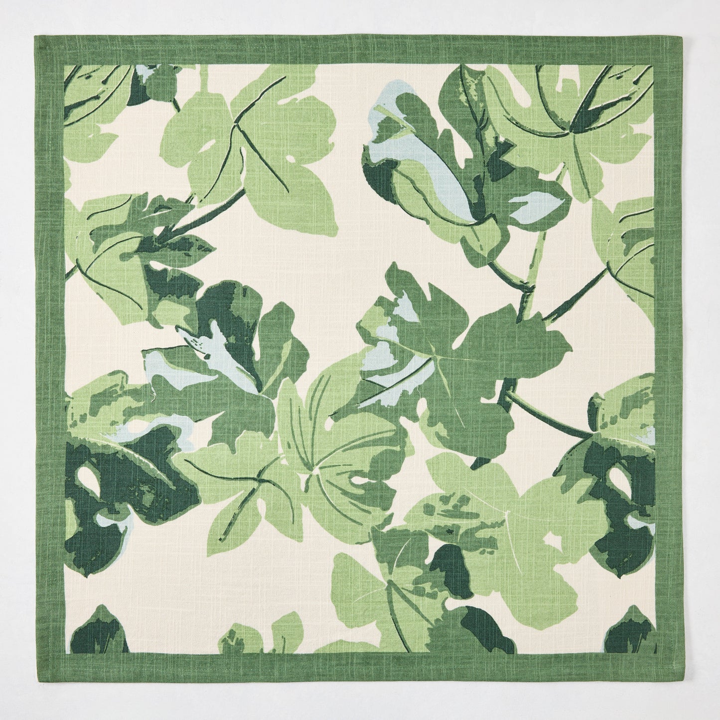 Peter Dunham + Hudson Grace Natural Fig Leaf Printed Napkin, 100% cotton slub, green border.