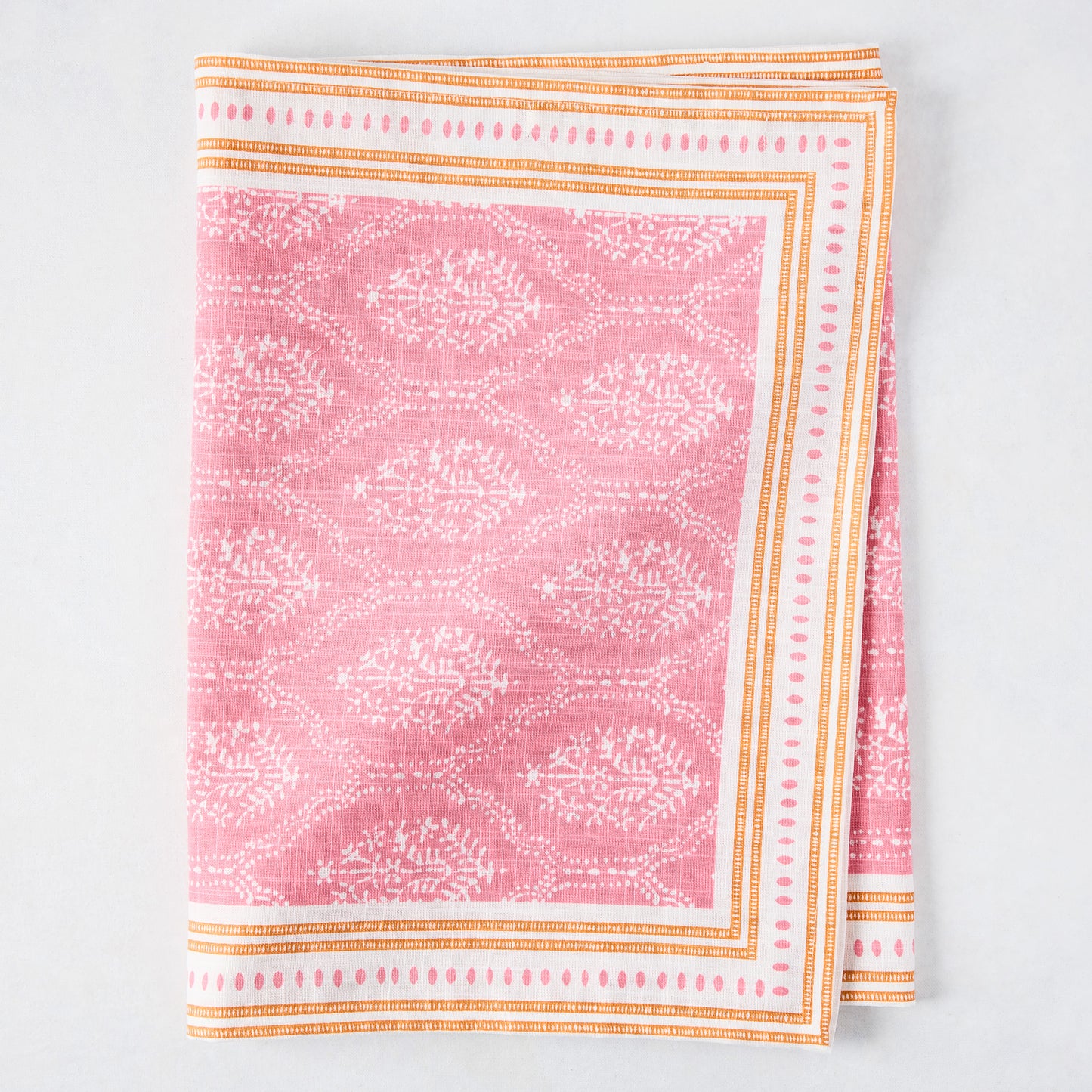 Peter Dunham + Hudson Grace Pink Jaali Printed Runner, 100% cotton slub, with orange border, folded.