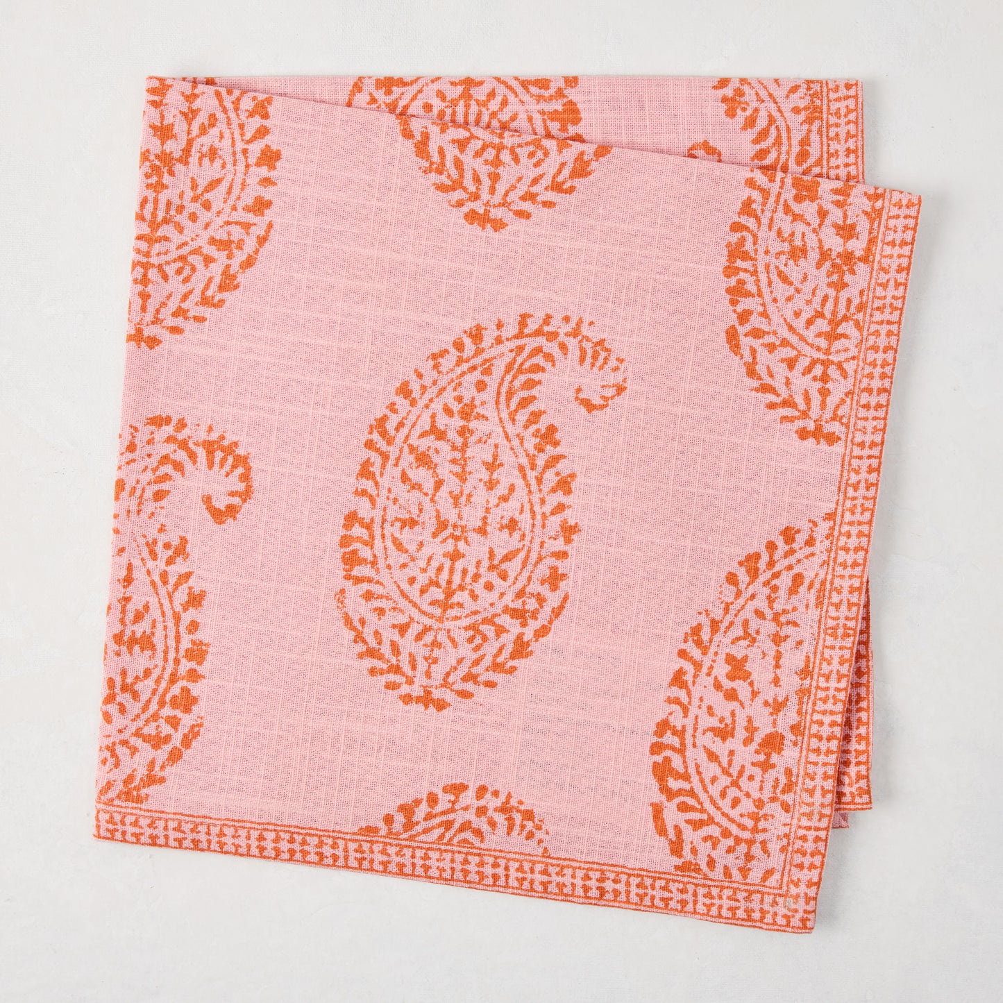 Peter Dunham + Hudson Grace Pink Kashmir Paisley Printed Napkin, orange block print design.