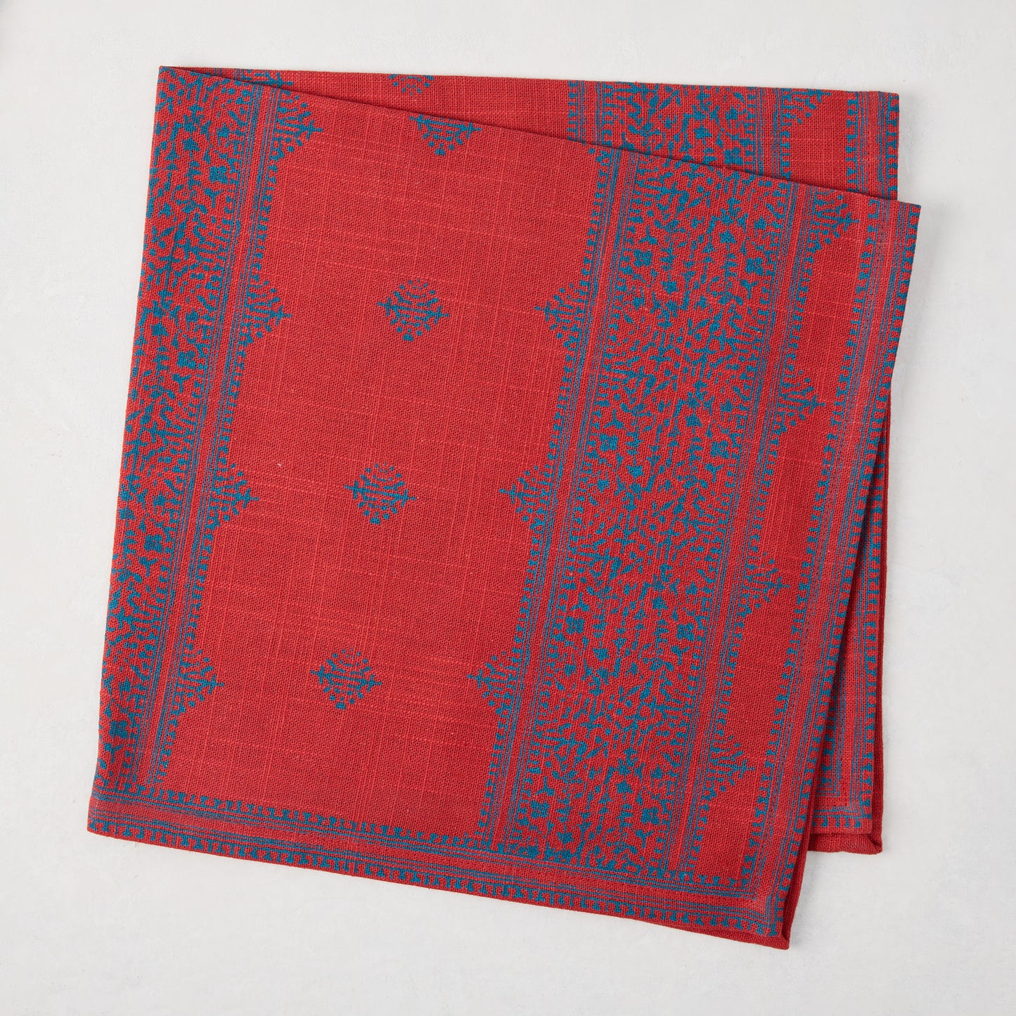 Peter Dunham + Hudson Grace Red Fez Stripe Printed Napkin, 100% cotton slub, with blue intricate stripe pattern.