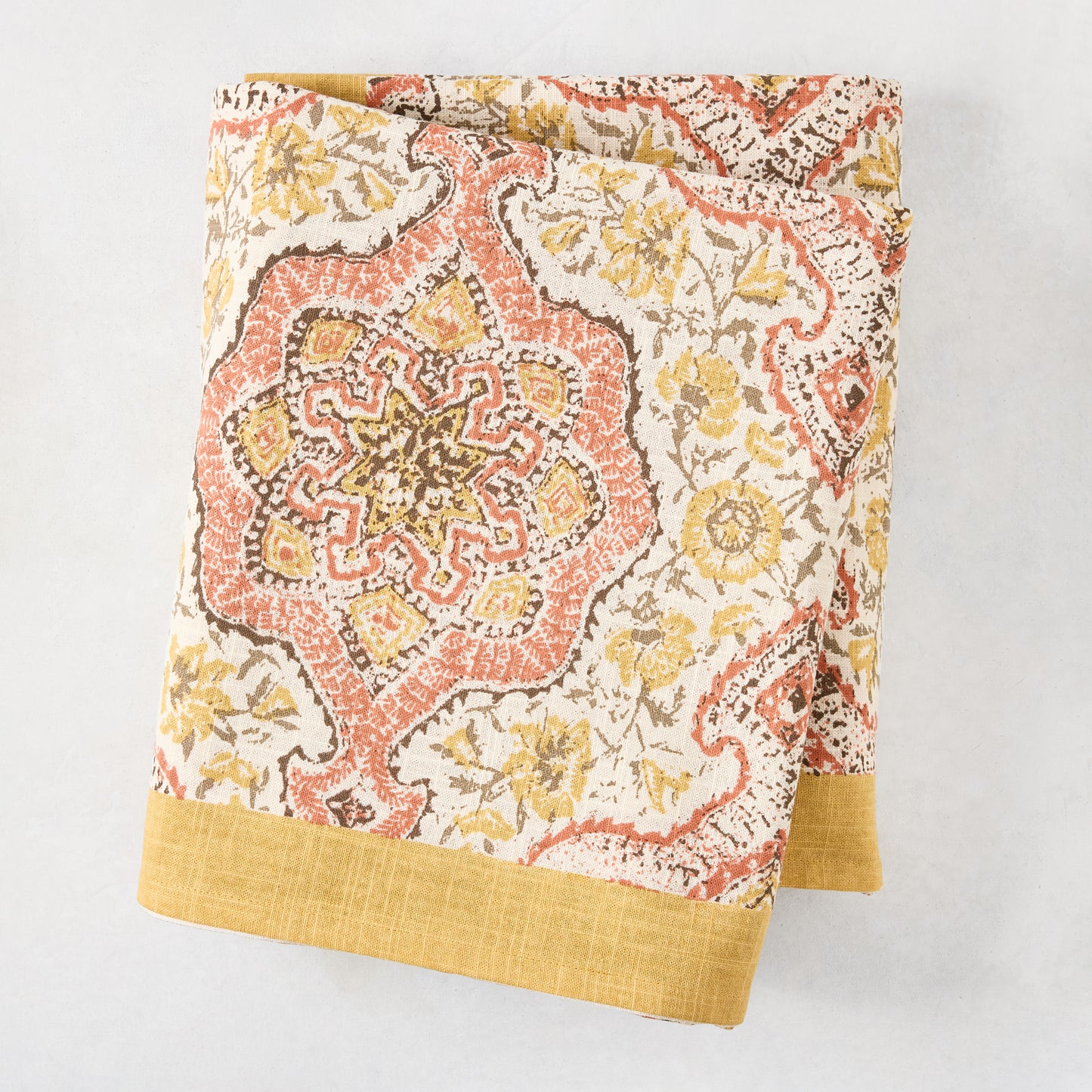 Peter Dunham x Hudson Grace Gold and Spice Orange Deeg Printed Tablecloth, 100% cotton slub with yellow border.