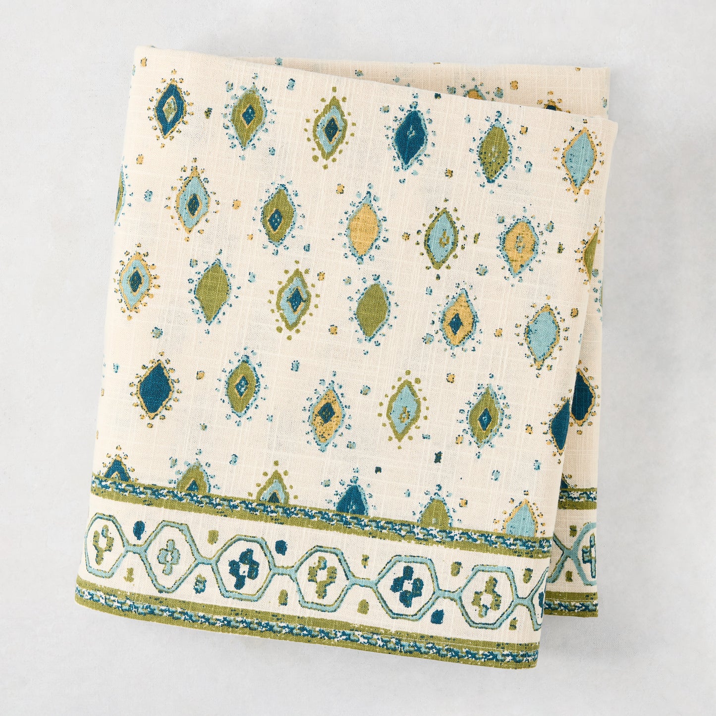 Peter Dunham x Hudson Grace Green Oona Printed Tablecloth, 100% cotton slub, tribal motif, bold border.