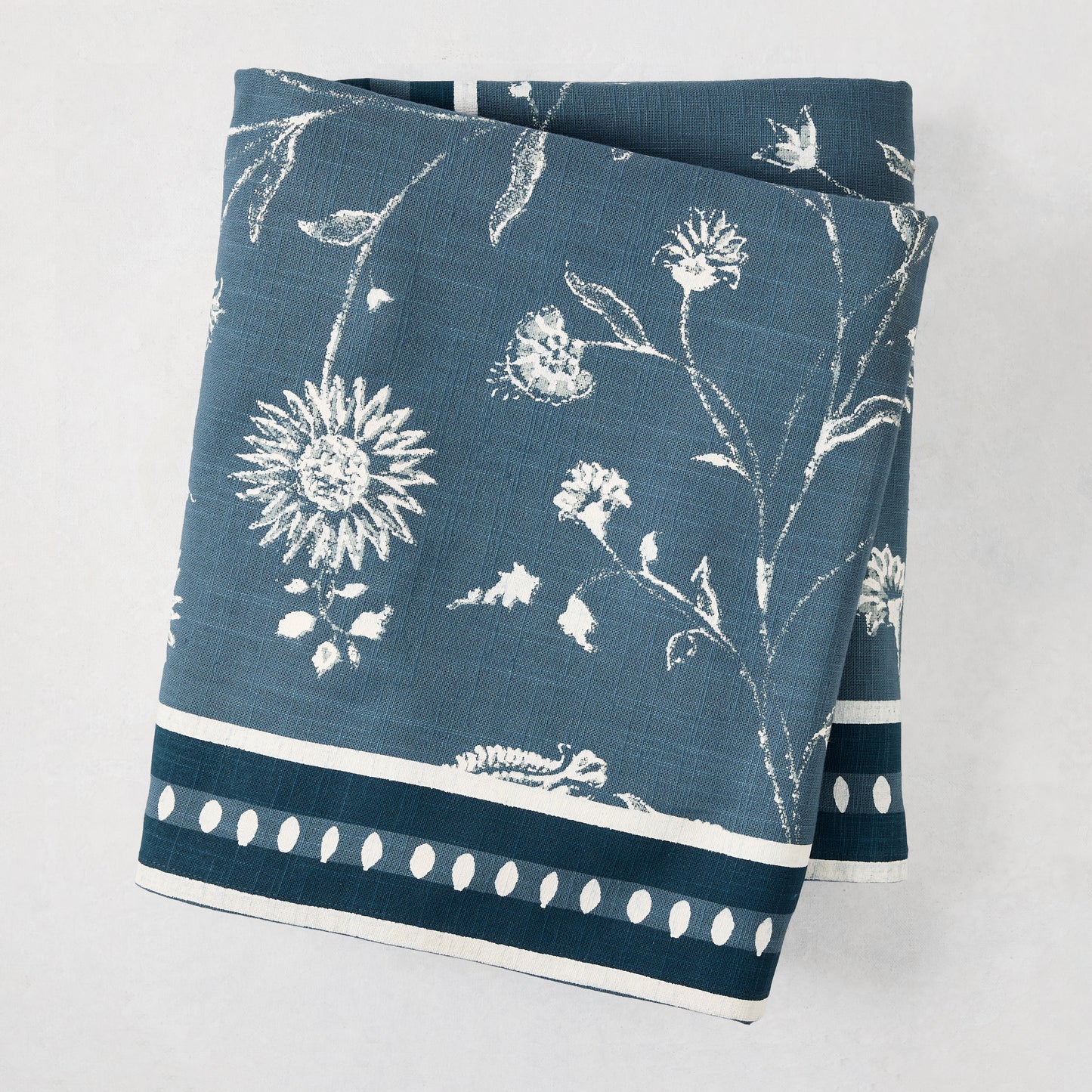 Peter Dunham x Hudson Grace Indigo Blue Indian Chintz 100% cotton slub tablecloth with floral print and border.