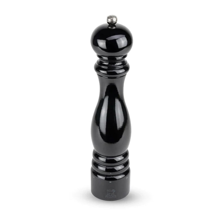 Peugeot Paris Black Lacquer 12" Pepper Mill, glossy beechwood with silver top.