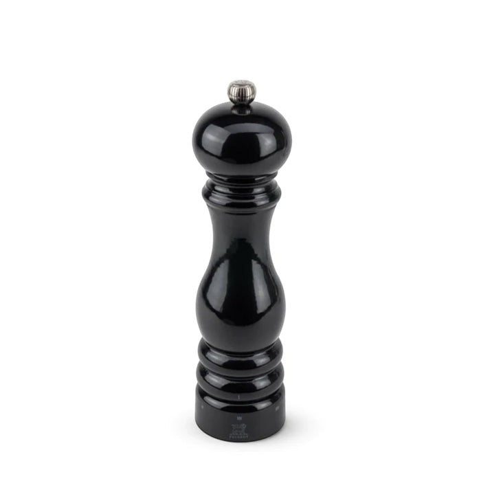 Peugeot Paris 9" black lacquer beechwood salt mill with silver knob.