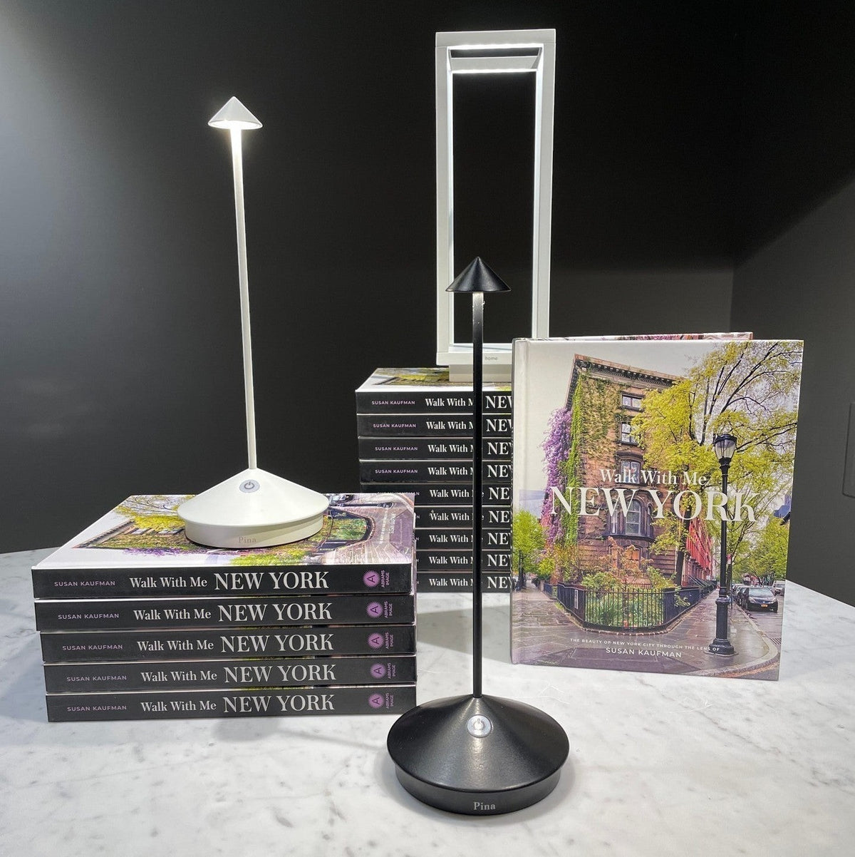 Two Pina Pro rechargeable LED lamps, one white and one black, with books on a marble surface.
