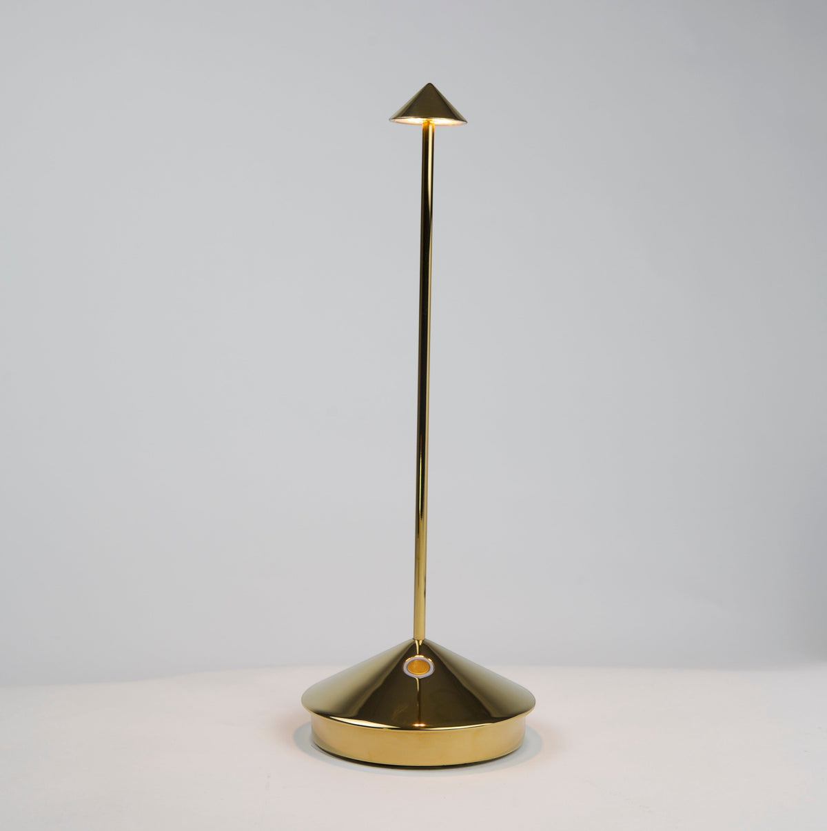 Hudson Grace Pina Pro rechargeable LED table lamp in glossy gold finish with a sleek die-cast aluminum design.