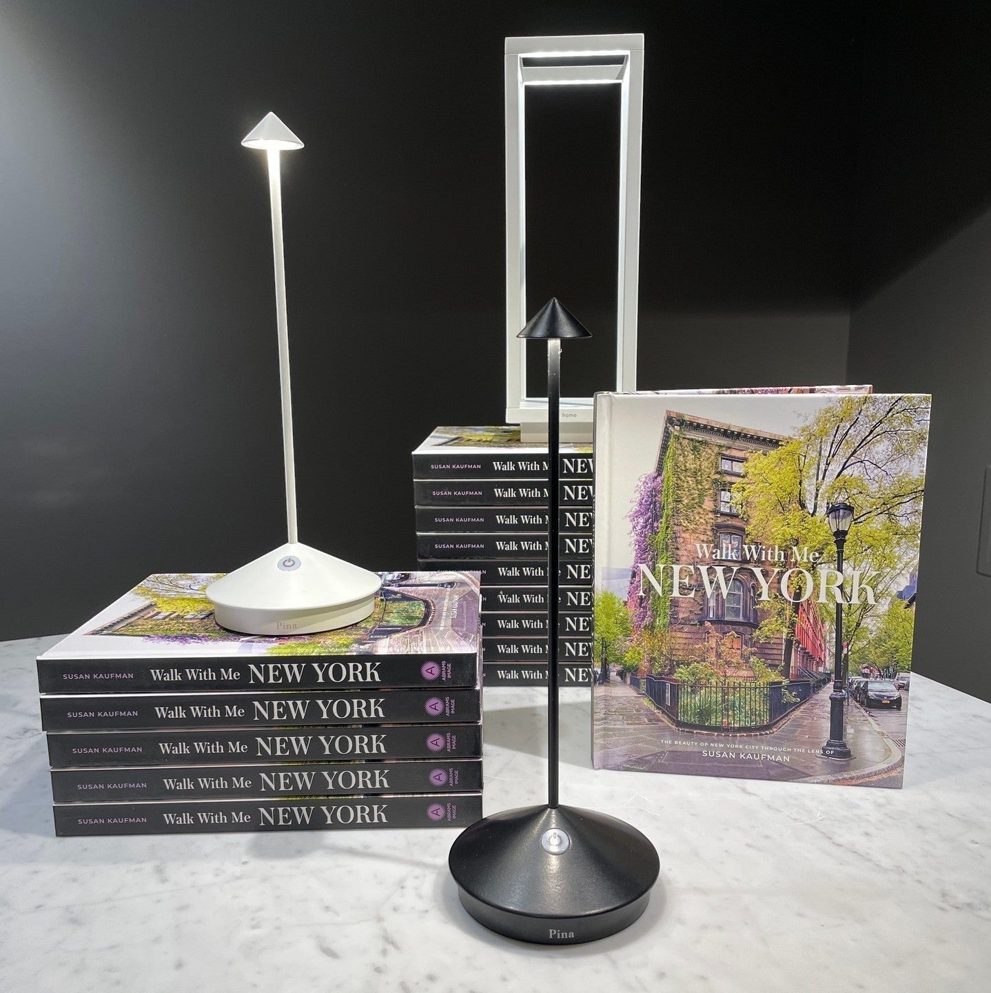 White and black Pina Pro rechargeable LED table lamps on books, with a "Walk With Me New York" book.