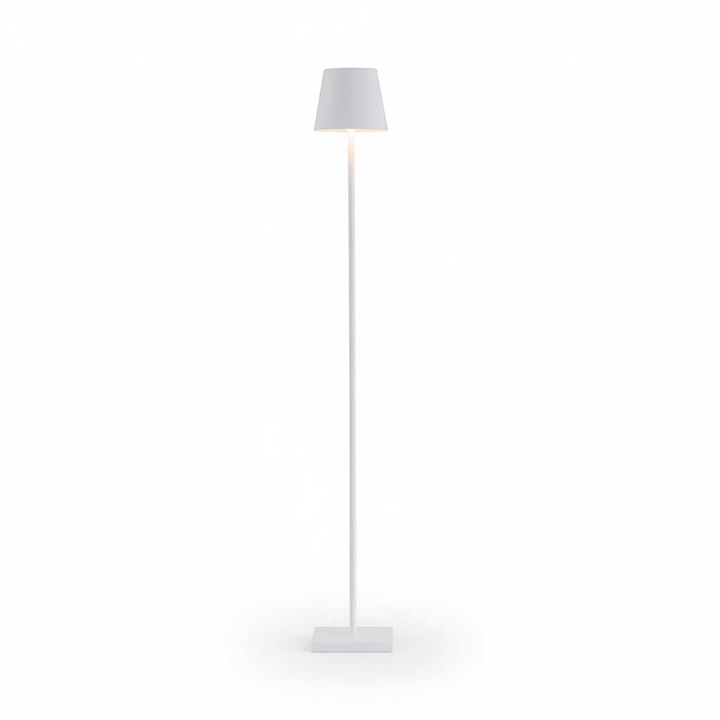 Poldina Pro white aluminum floor lamp with conical shade, integrated LED, and square base.