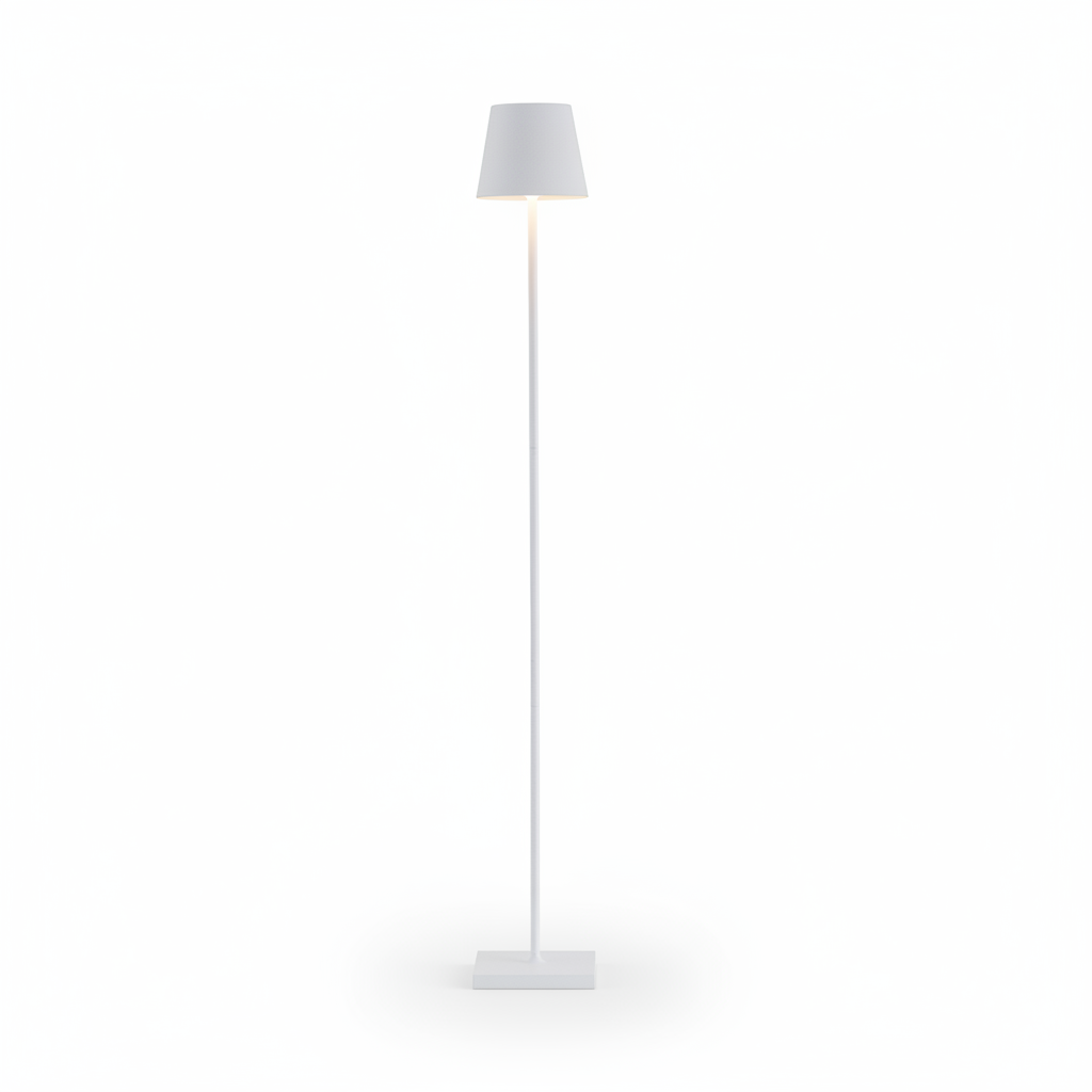 Poldina Pro white aluminum floor lamp with conical shade, integrated LED, and square base.