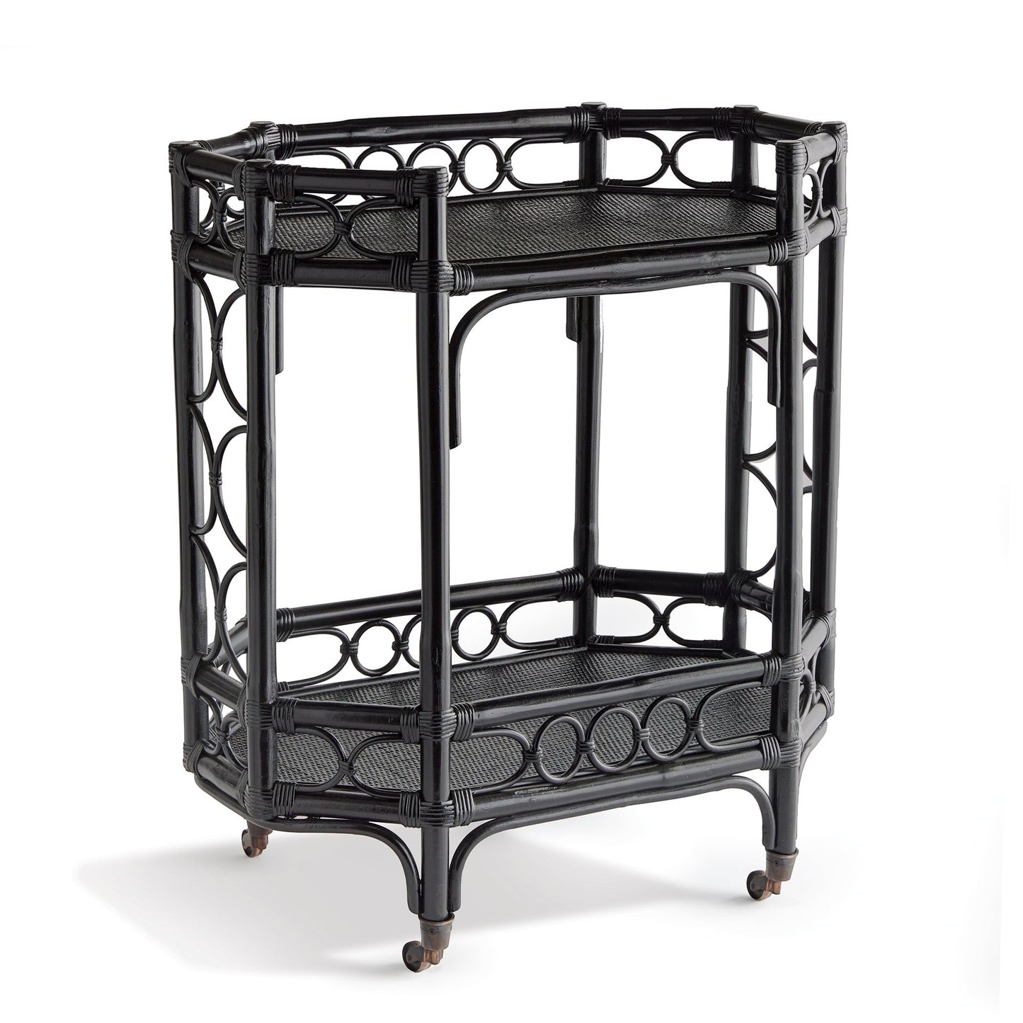Raelyn black rattan bar cart with two shelves, dark wood, and smooth-rolling casters.