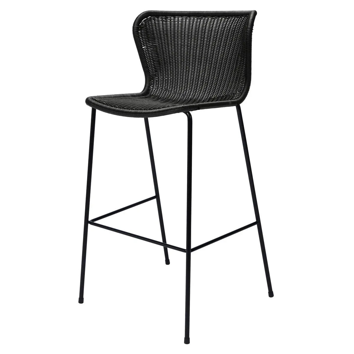 Black rattan wicker "Wing" counter stool with powder-coated steel frame, designed by Yuzuru Yamakawa.