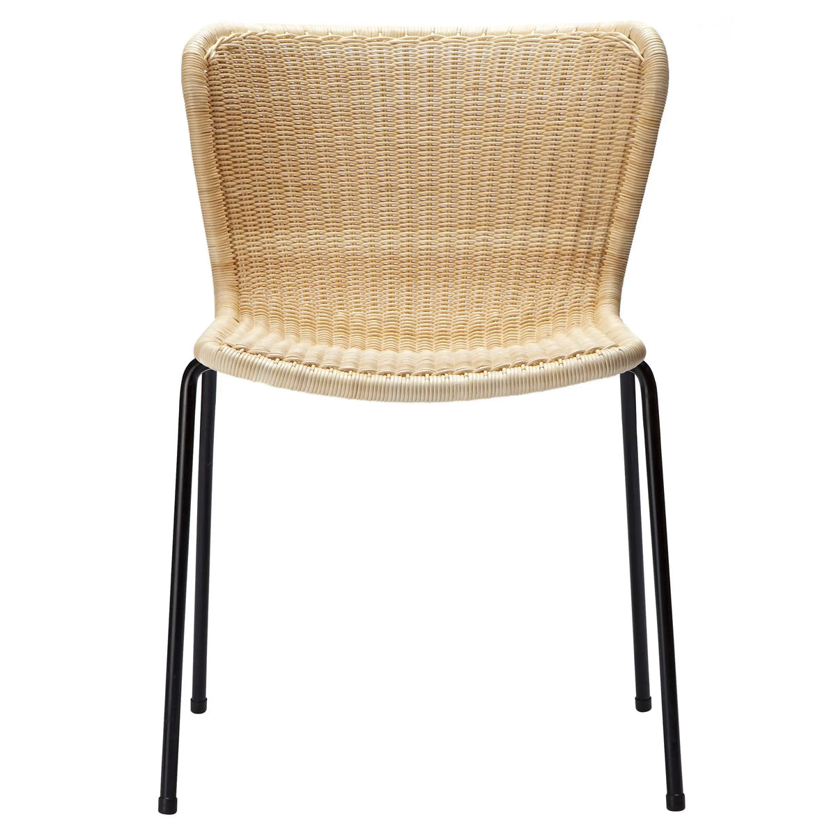 Rattan "Wing" outdoor dining chair with light beige polyethylene wicker seat and black steel frame.