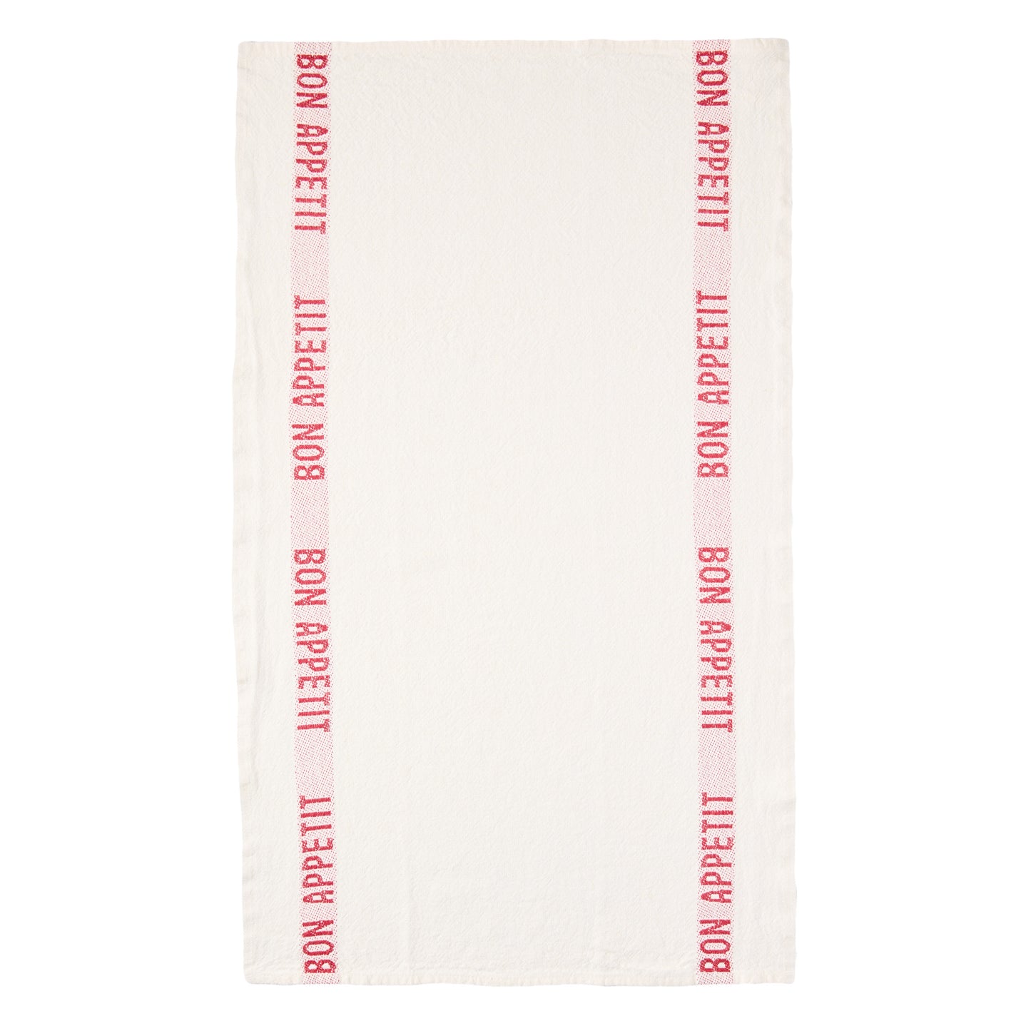 White linen hand towel with vertical red "Bon Appetit" text stripes.