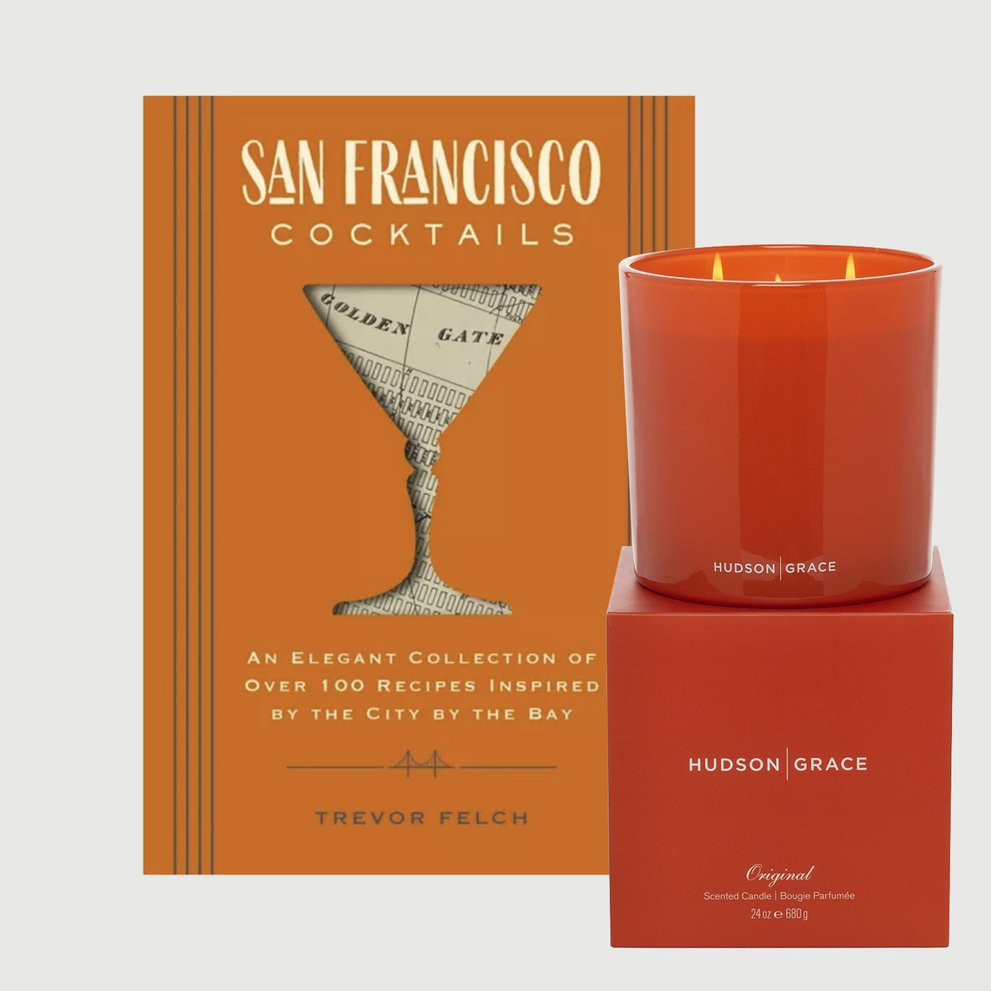 San Francisco Cocktails book and orange Hudson Grace scented candle in a glass vessel with matching gift box.