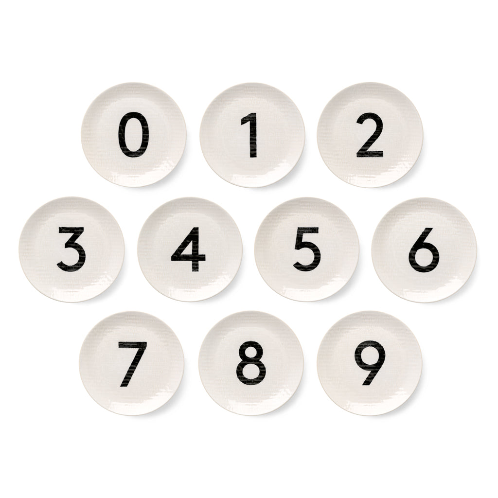 Set of 10 cream ceramic salad plates, 8.5" diameter, with black numbers 0-9 and a subtle hammered texture.