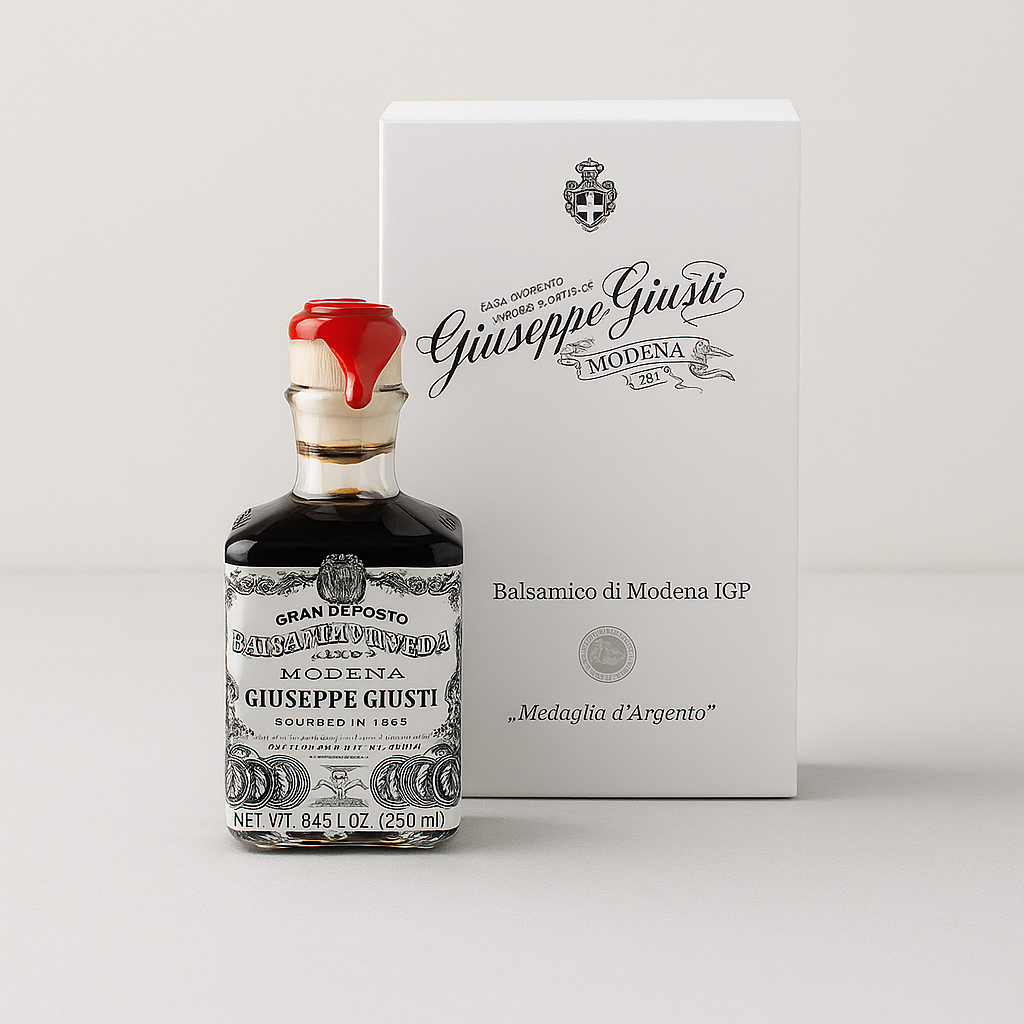 Giuseppe Giusti Silver Medal Balsamic Vinegar, 250ml dark glass bottle with red wax seal, next to white box.