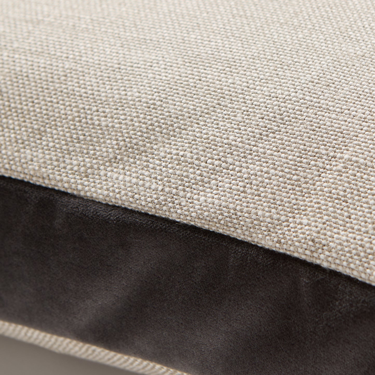 Close-up of a Slate Grey Velvet Gusseted and Linen Square Pillow, 22" square.