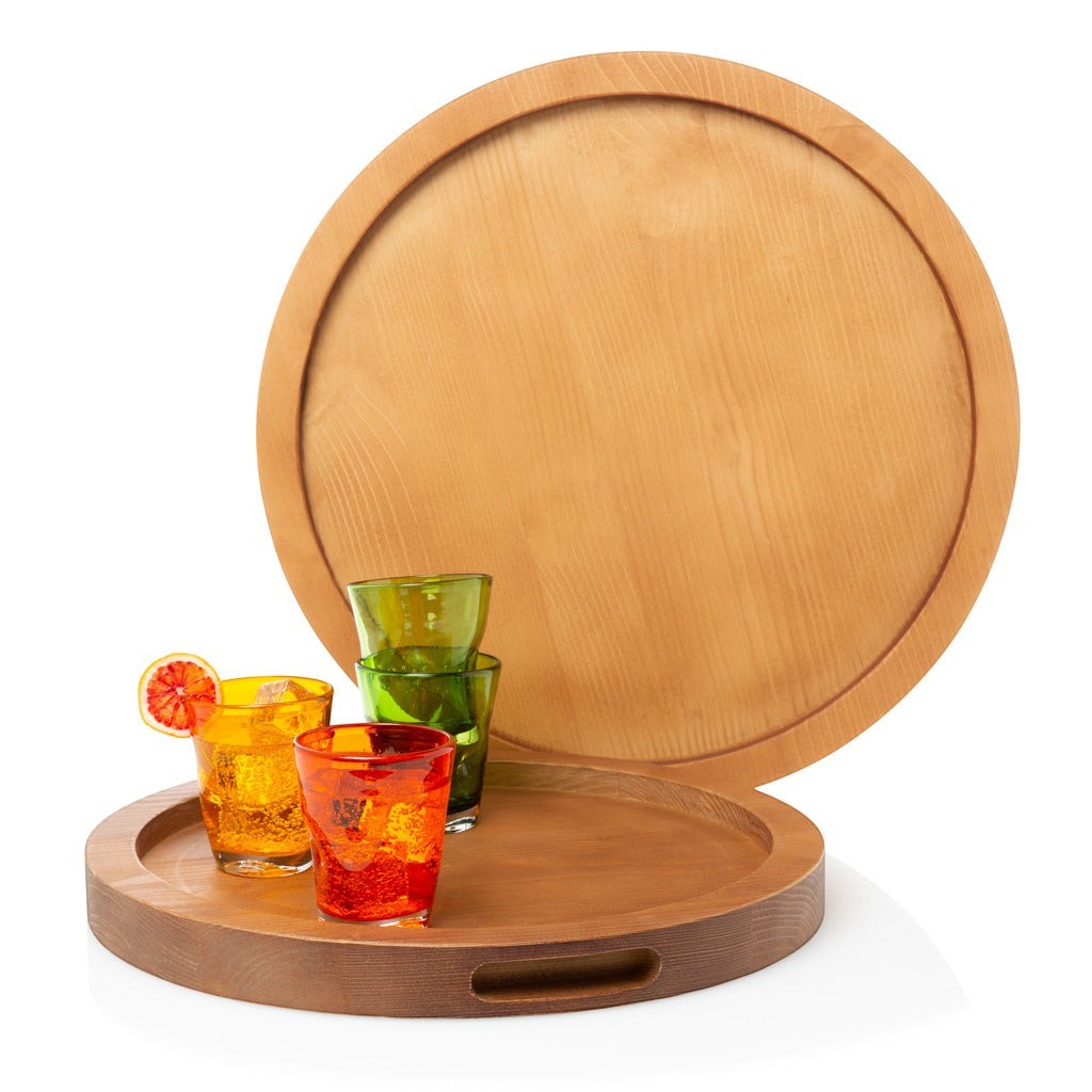 Small natural reclaimed pine wood serving tray with cutout handles, holding colorful glasses.