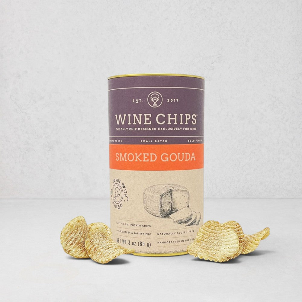 Smoked Gouda Wine Chips 3oz can with lattice-cut potato chips scattered around.