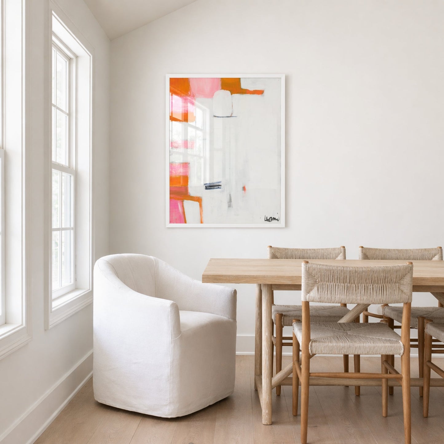 Kerri Rosenthal's "Some Sunny Sunday" abstract art print with pink, orange, and white, framed in a bright room.