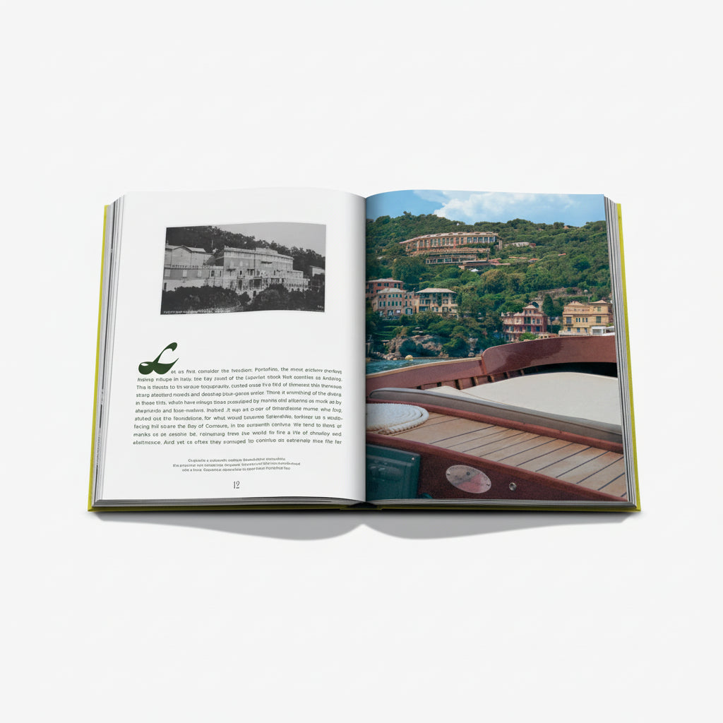 Open hardcover "Splendido" coffee table book with green binding, showing Portofino hotel images and text.