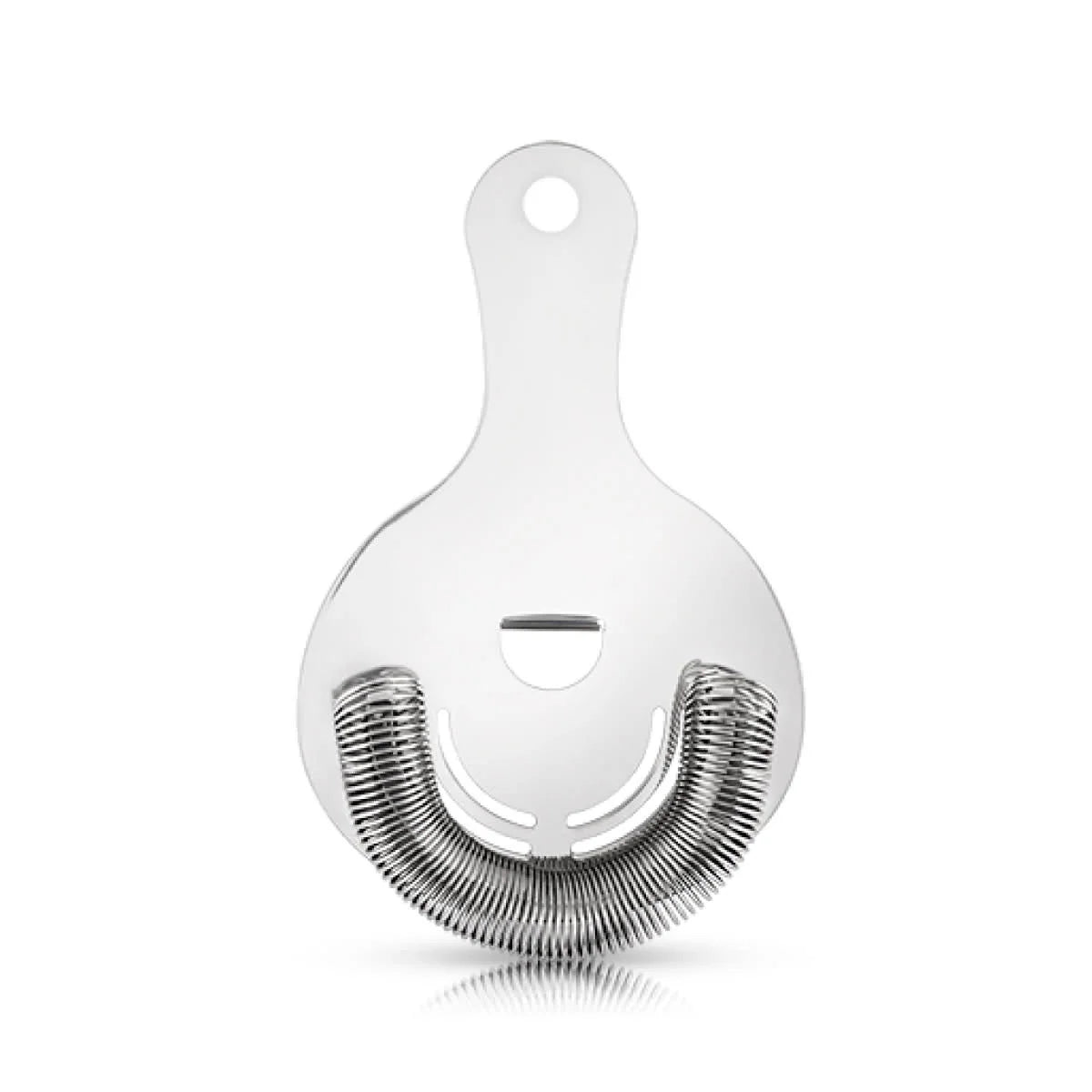 Stainless steel Hawthorne cocktail strainer with a polished finish and tight spring coil.