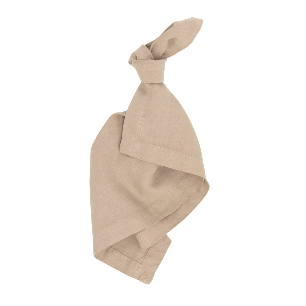 Stonewall Khaki HG Signature Hand-dyed Linen Napkin, 22-inch square, tied in a knot.