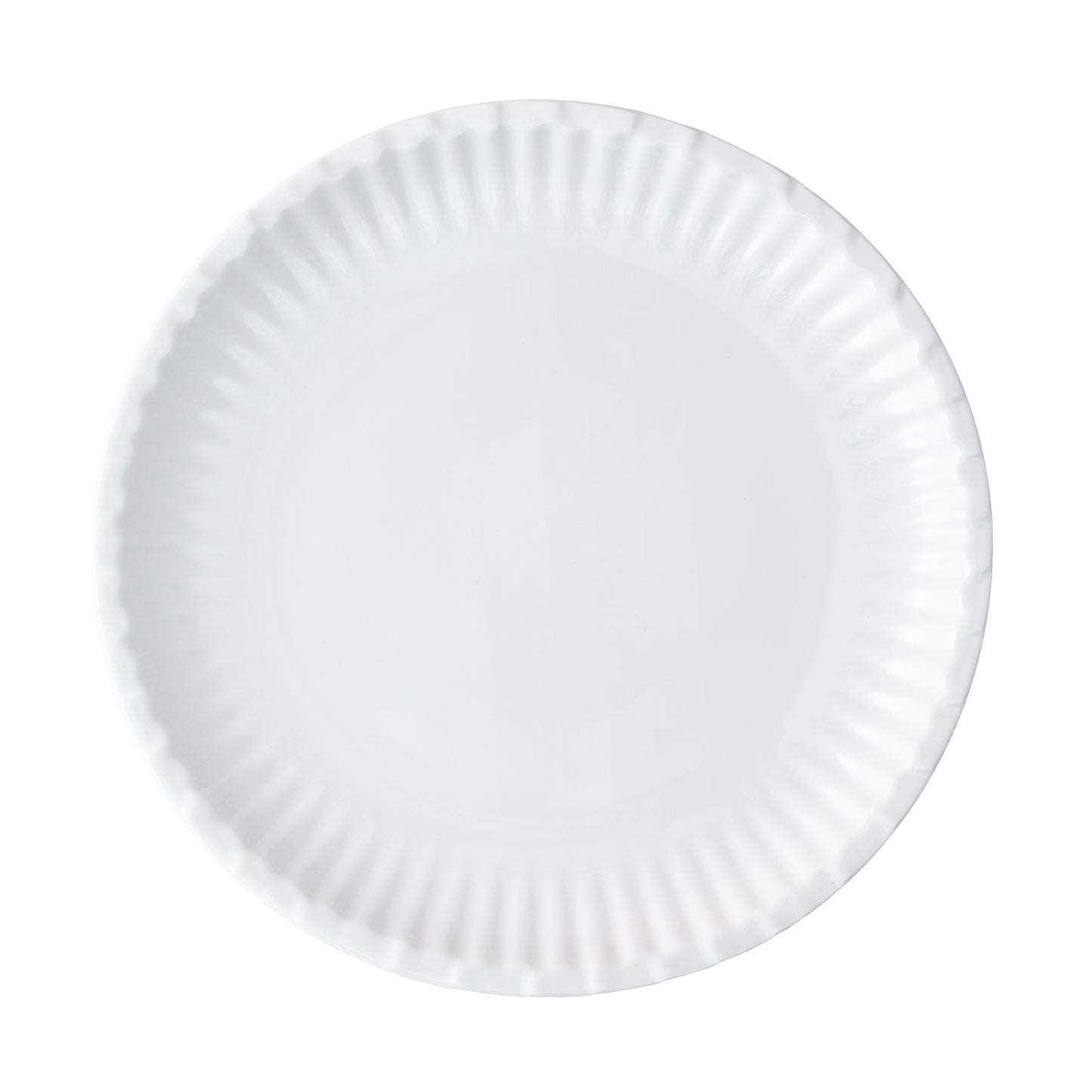 White 8.5" round Melamine Street Eats salad plate with a fluted rim, resembling a paper plate.