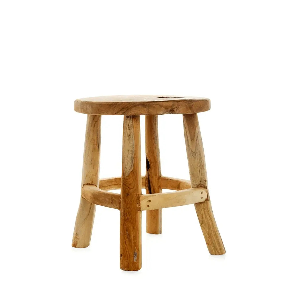 Reclaimed teak wood stool, 17" tall, with natural grain and rustic finish.