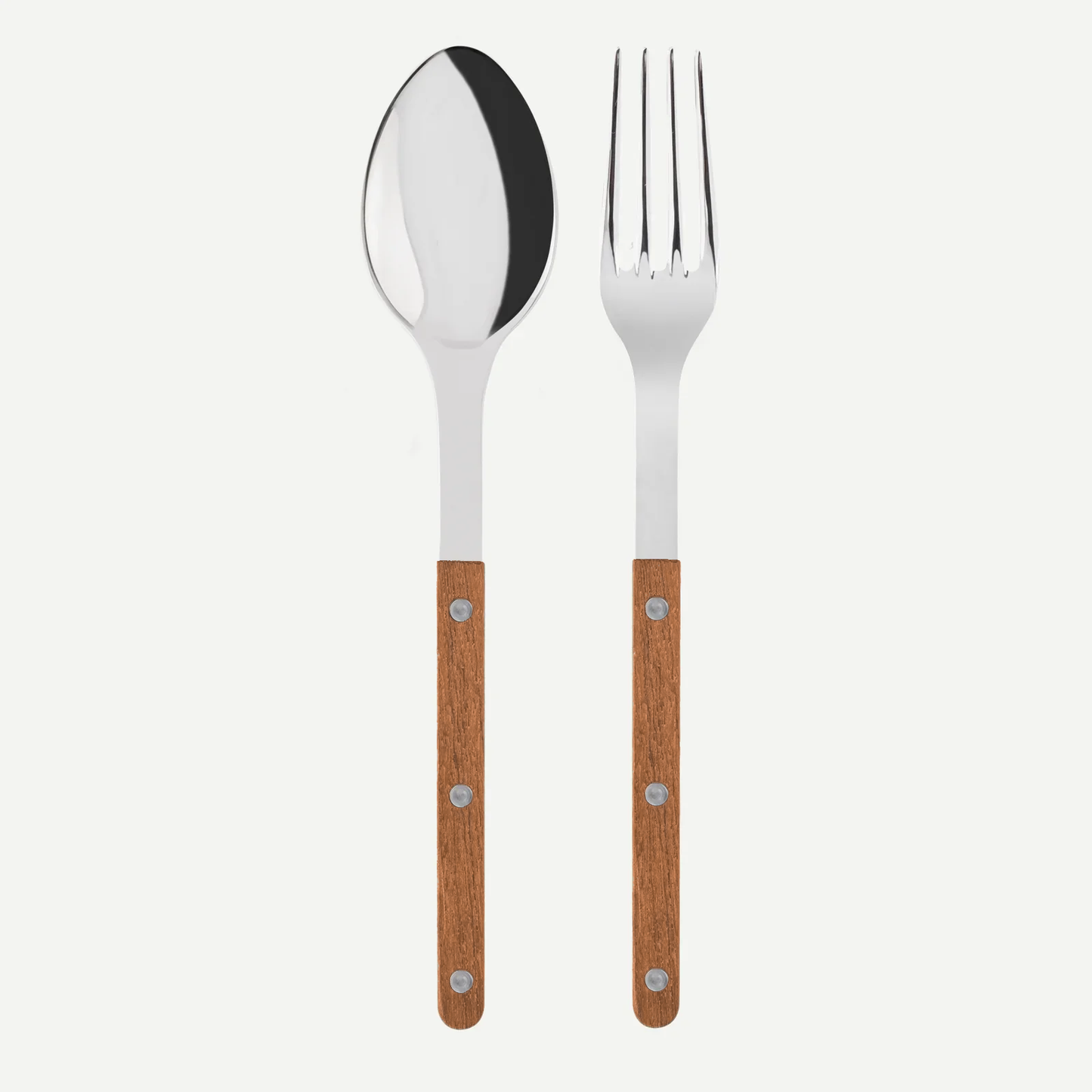 Teak Wood Bistro 2-piece serving set: 10.25" stainless steel spoon and fork with laminated wood handles.