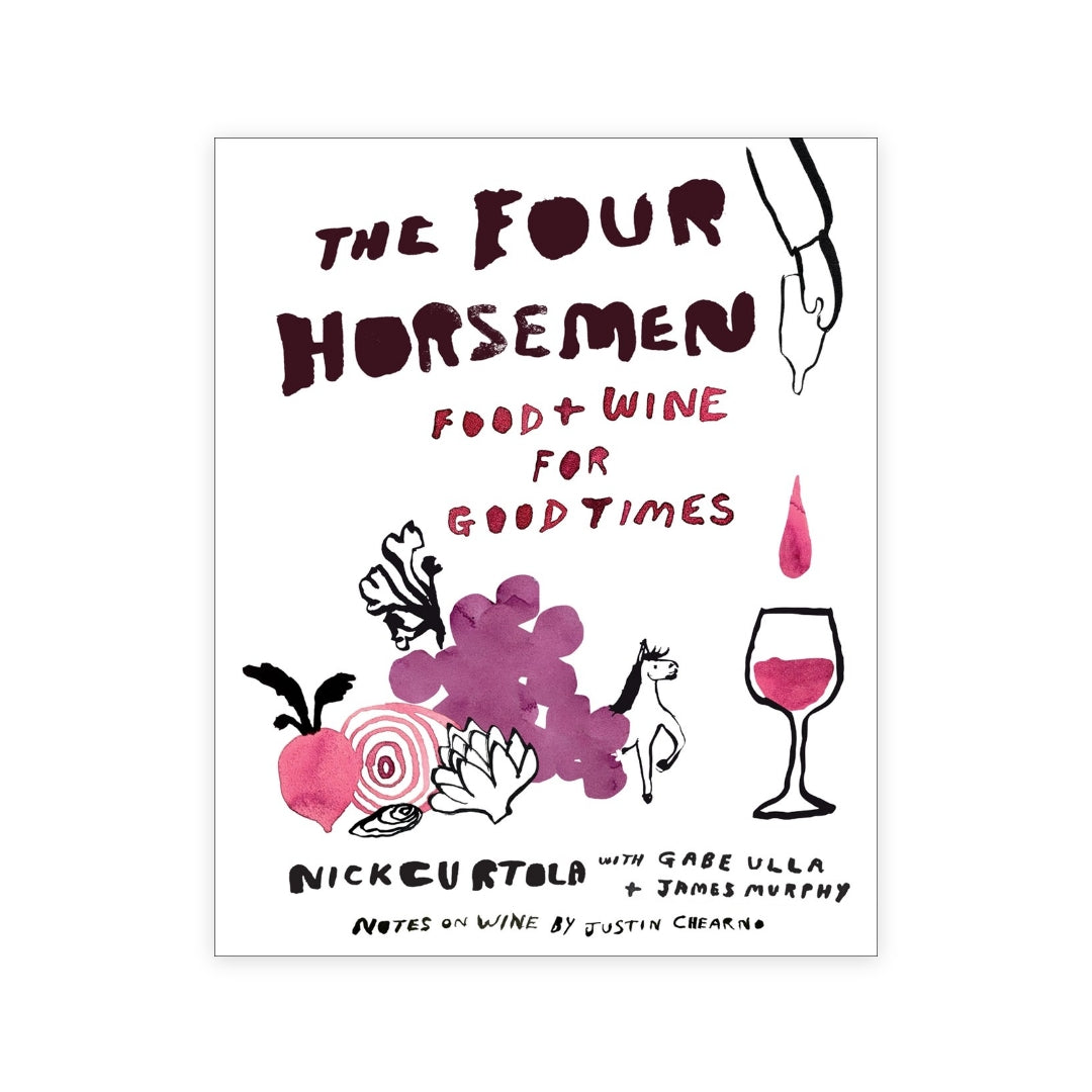 Hardcover cookbook "The Four Horsemen" with colorful illustrations of food, wine, and a horse.