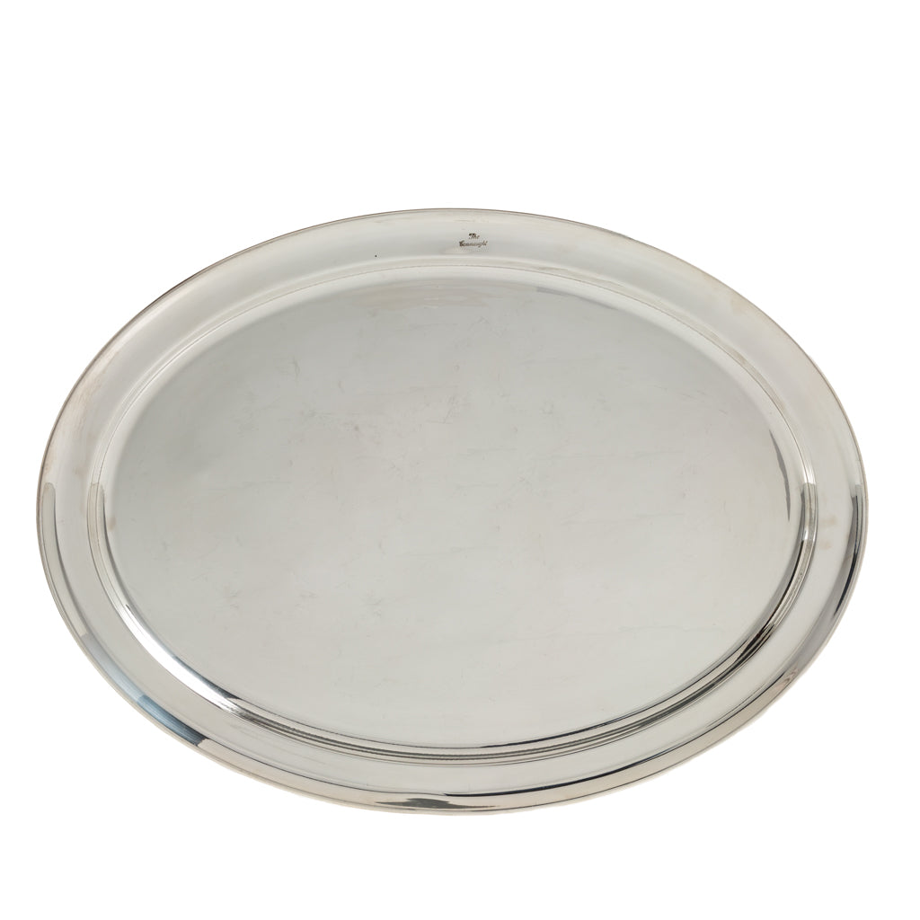Vintage Connaught Hotel oval silverplate platter, polished finish, simple rim design.