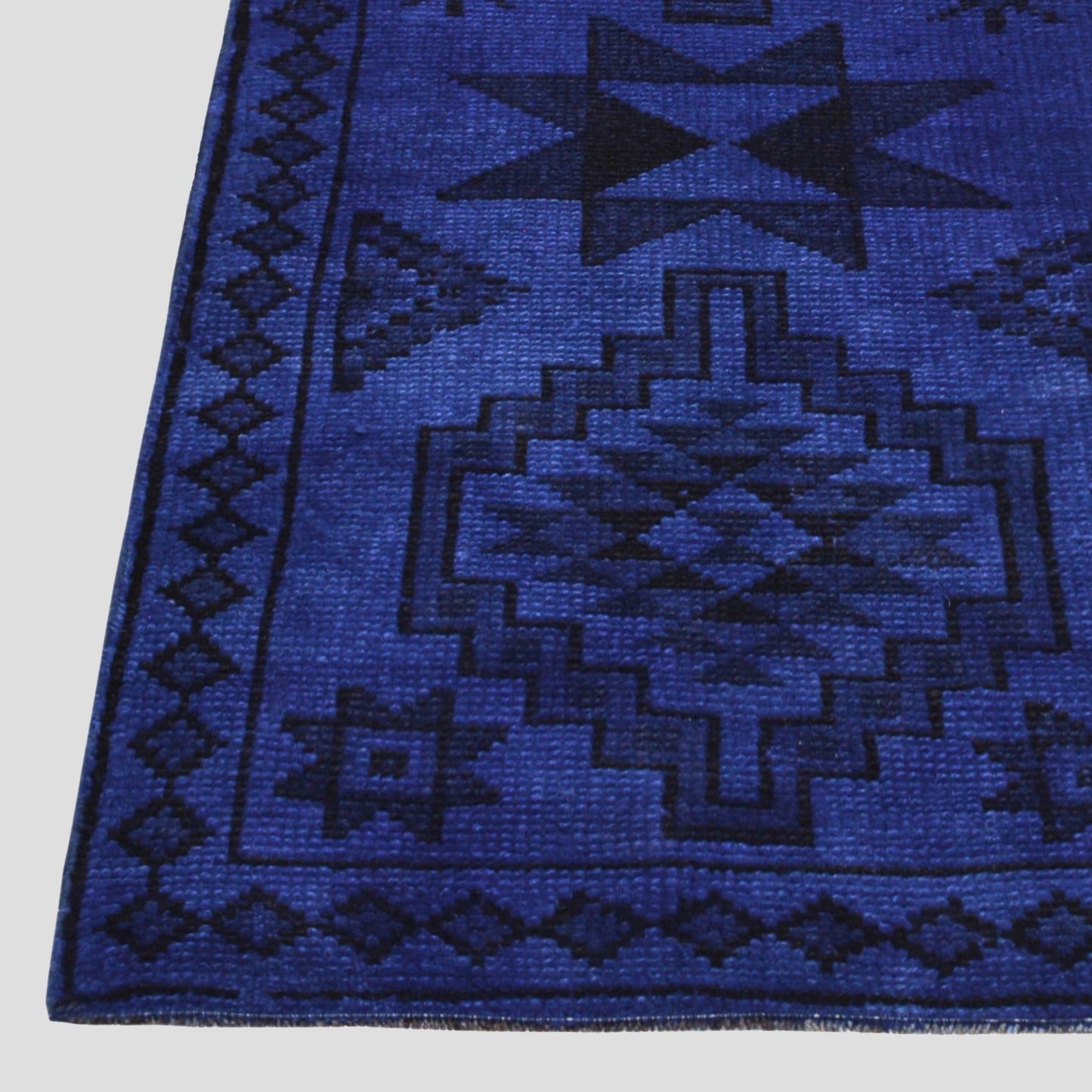 Vintage Indigo Blue and Black Turkish Runner Rug, 2'10" x 11'6", 100% wool, geometric pattern.