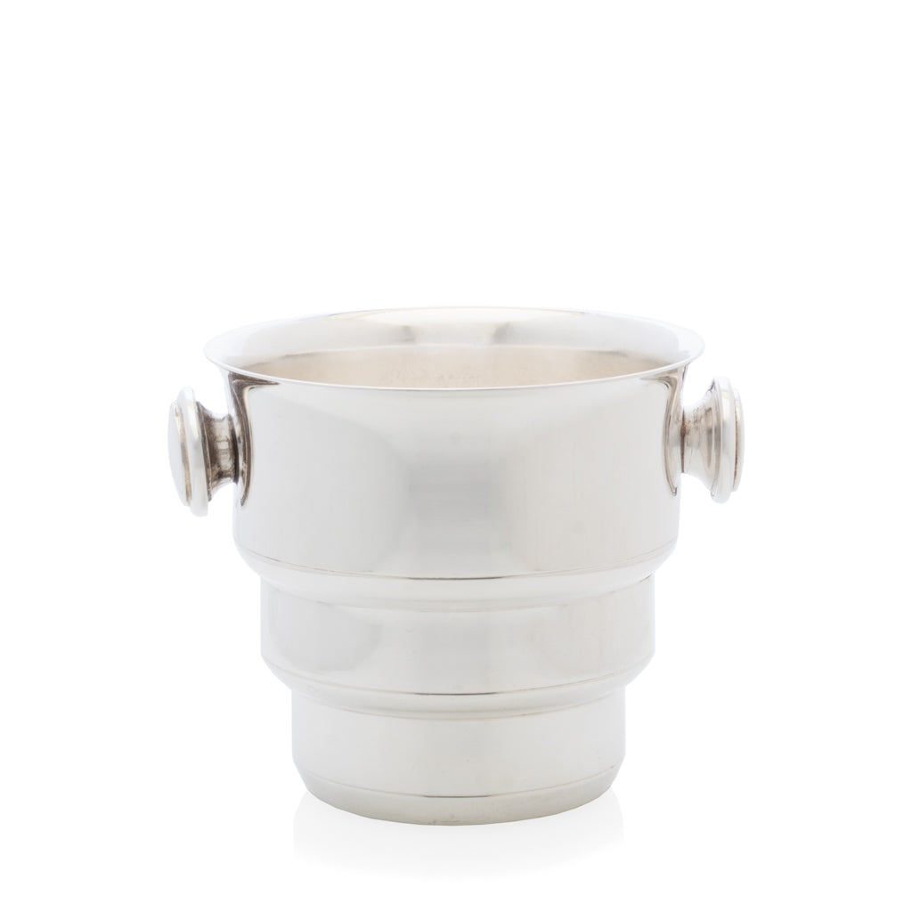 Vintage silverplate champagne bucket with ring handles and tiered base.