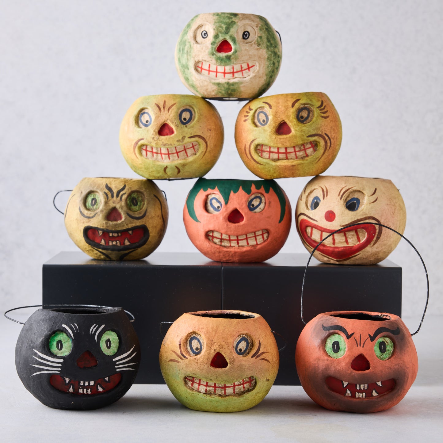 Vintage Halloween Mini Papier-Mâché Halloween Candy Buckets, Set of 9
