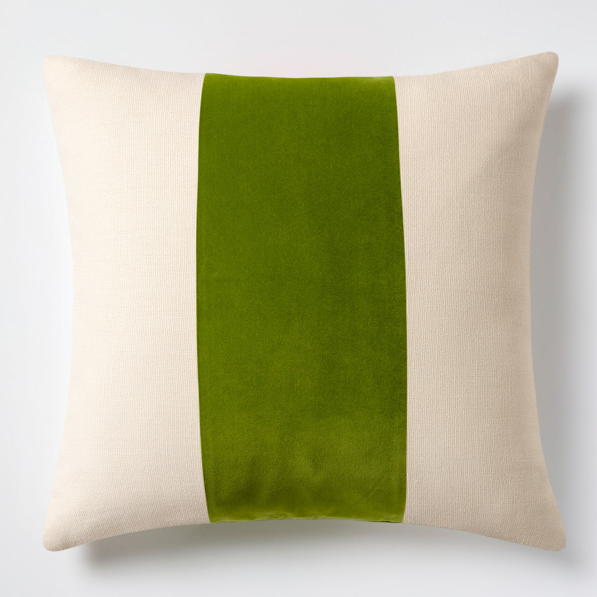 20x14 inch rectangular pillow in beige Belgian linen with a wide, centered wasabi green velvet stripe and flange edge.
