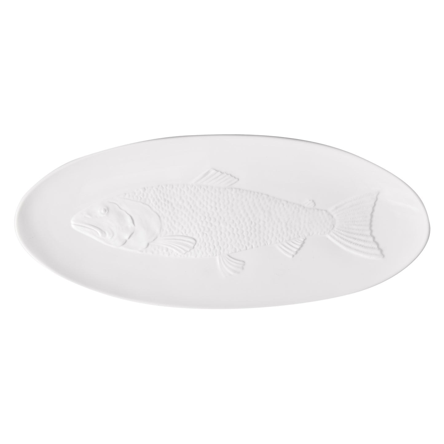White ceramic oval serving platter with an embossed fish design.