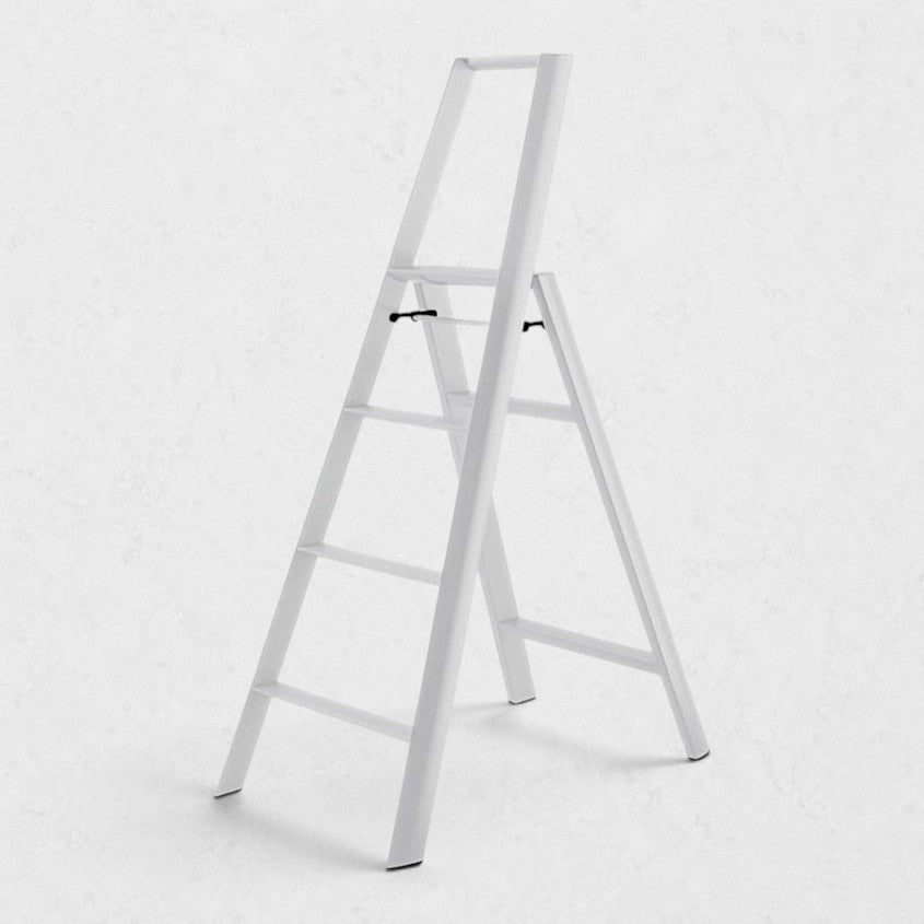 Hudson Grace white Hasegawa Lucano 4-step ladder with a minimalist aluminum and steel design and safety latch.