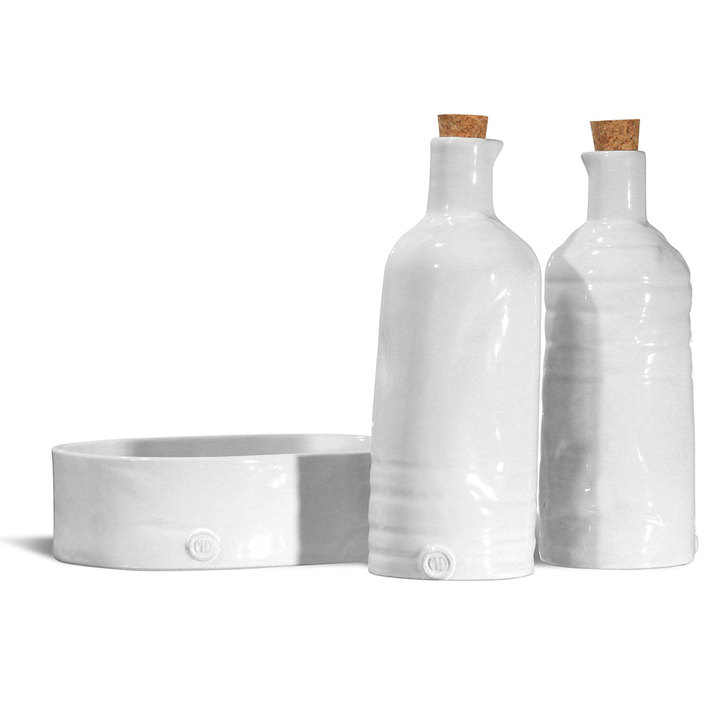 white oil and vinegar bottles with tray 