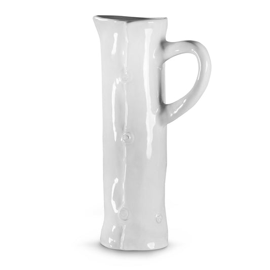 tall handmade white ceramic pitcher with handle