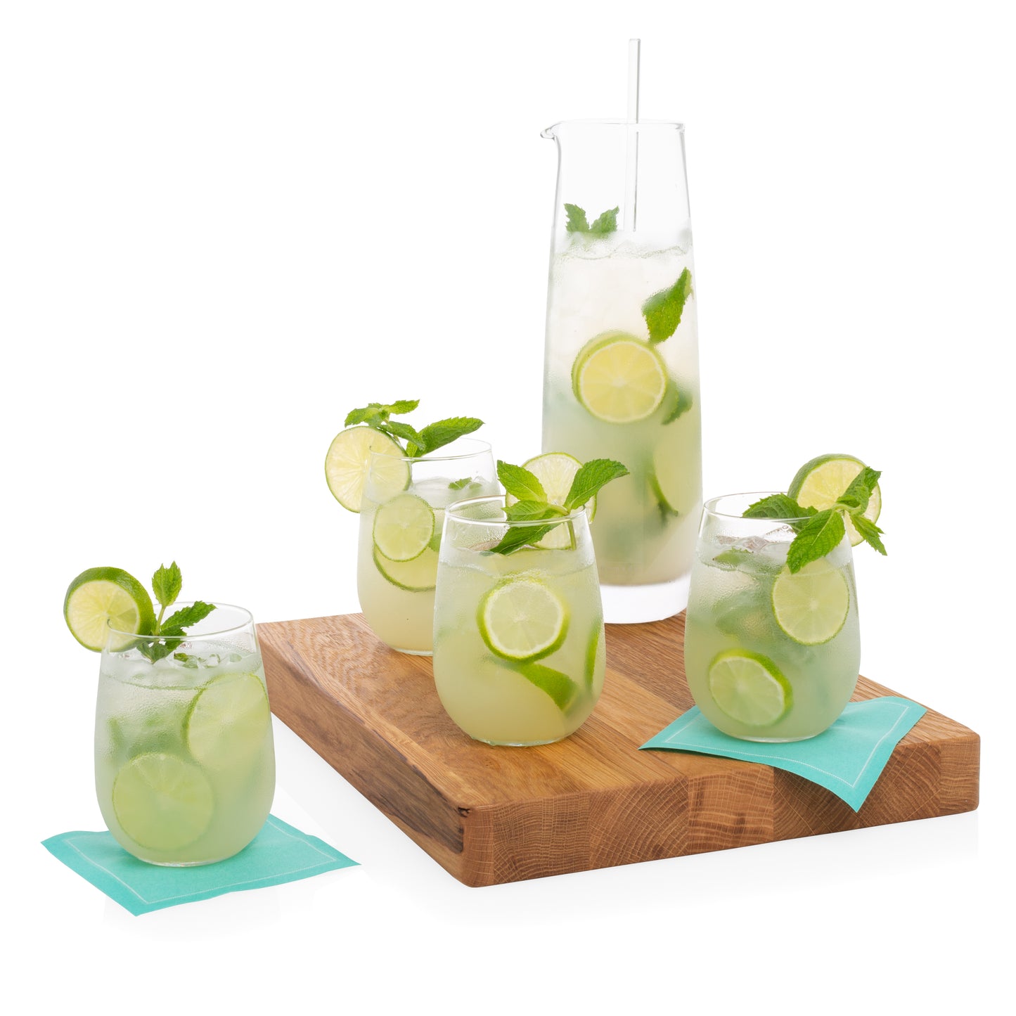 Stemless All-Purpose Glasses with cocktail and a glass pitcher