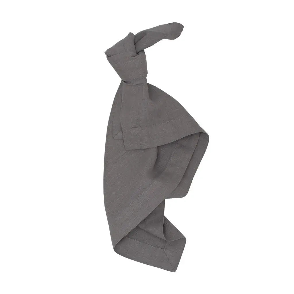 Asphalt HG Signature hand-dyed linen napkin, 22-inch square, tied in a knot.