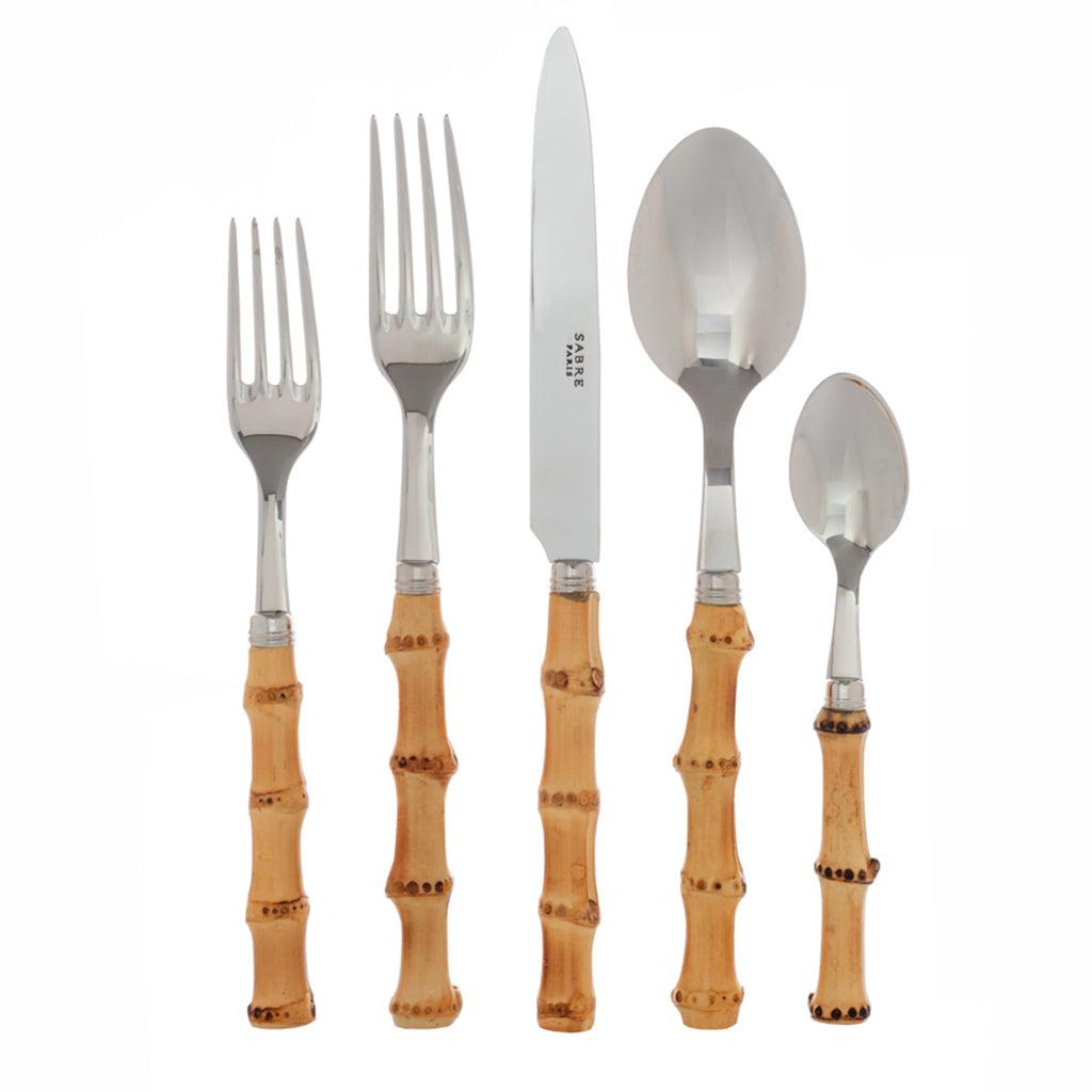 Bamboo 5-piece flatware set with 18/10 stainless steel and natural bamboo handles.